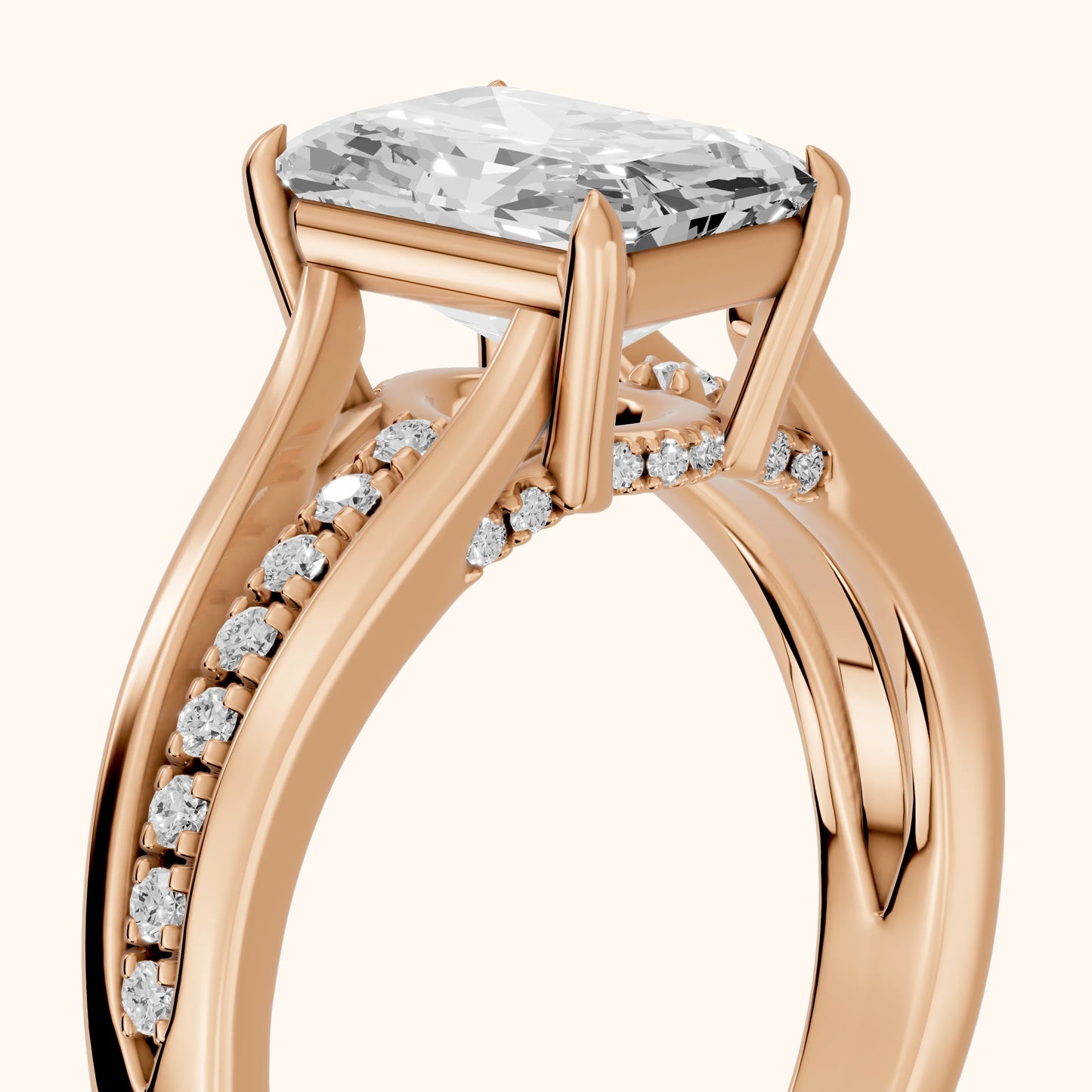 Scarlett Split Shank Pavé Emerald Diamond Ring in Rose Gold - slant-view.webp