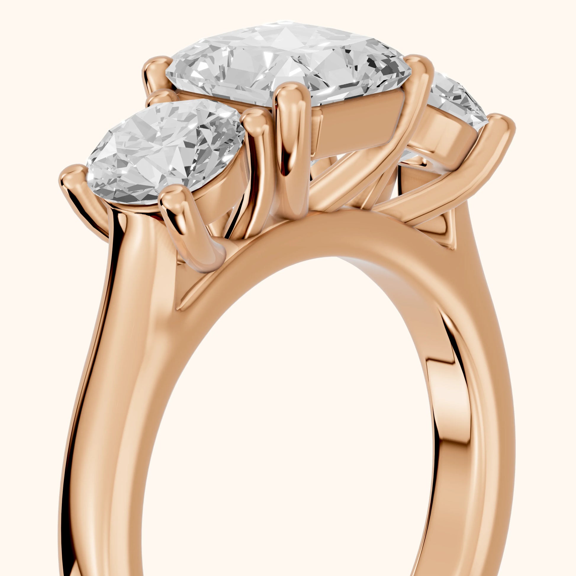 Callie Three-Stone Trellis Radiant Diamond Engagement Ring in Rose Gold - slant-view.webp