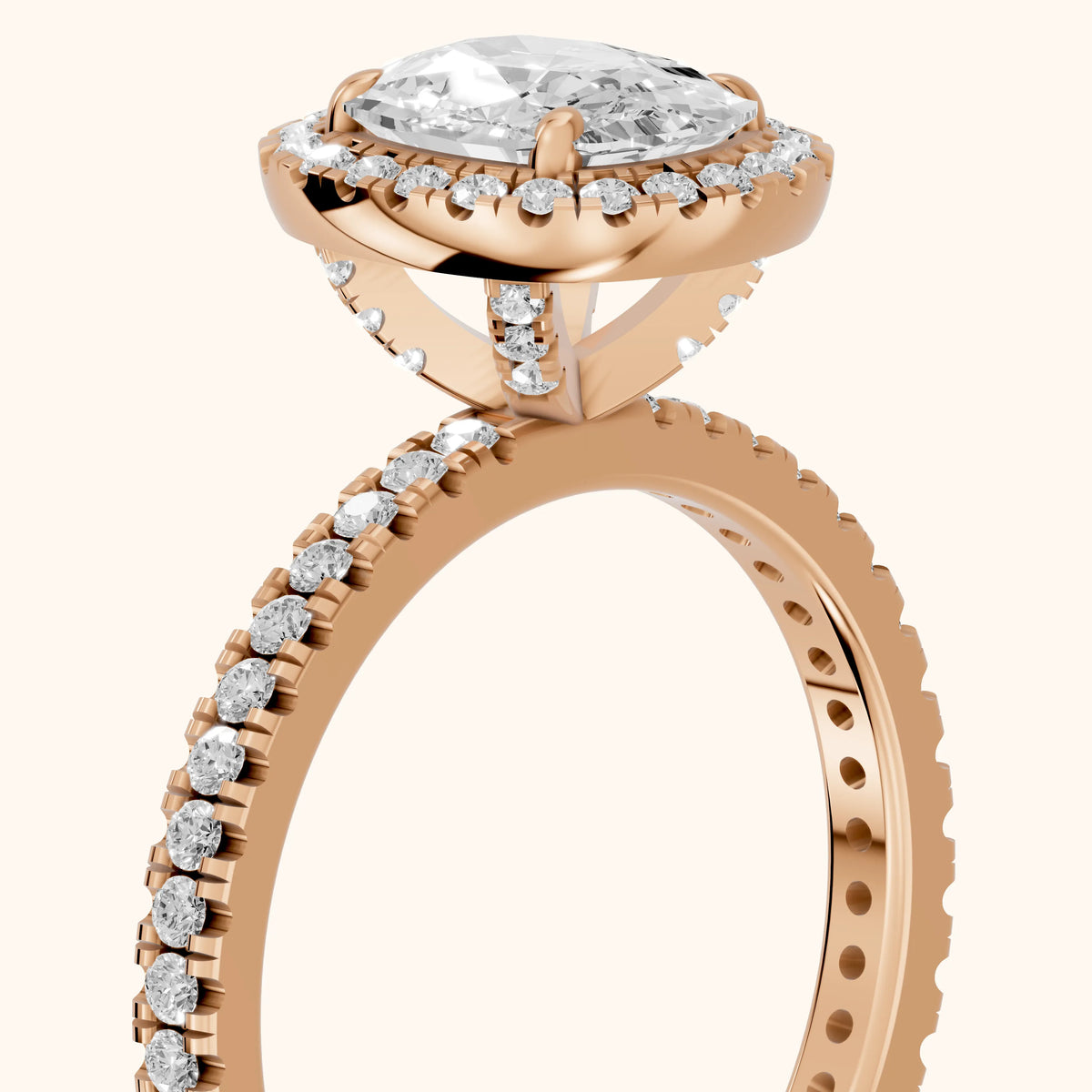 Rosemary Halo Pavé Cushion Diamond Engagement Ring in Rose Gold - slant-view.webp