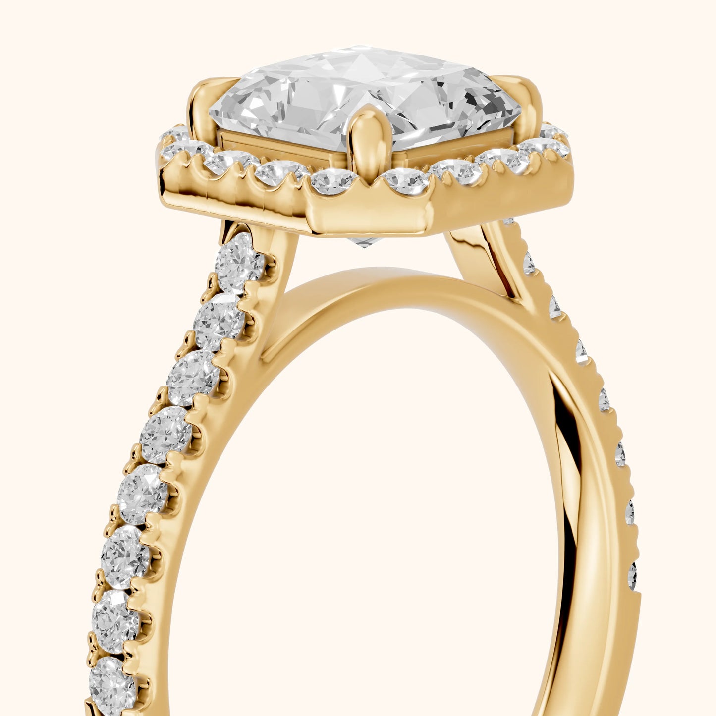 Amara Halo Claw Prong Radiant Diamond Ring in Yellow Gold - slant-view.webp