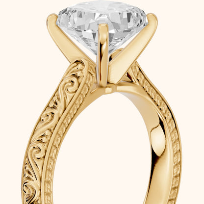 Fia Vintage Engraved Cushion Diamond Engagement Ring in Yellow Gold - slant-view.webp