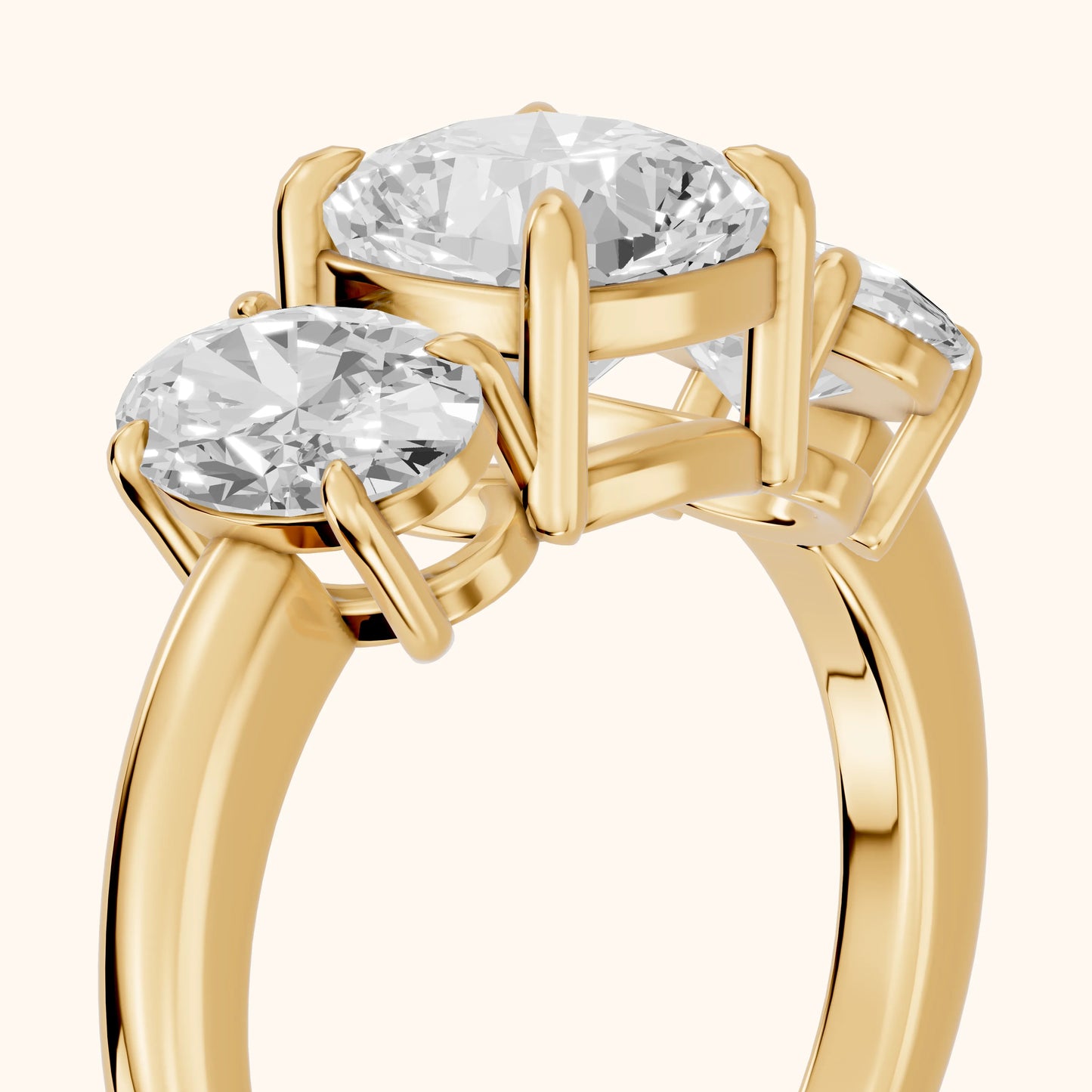 Lila Three-Stone Cushion Diamond Ring in Yellow Gold - slant-view.webp