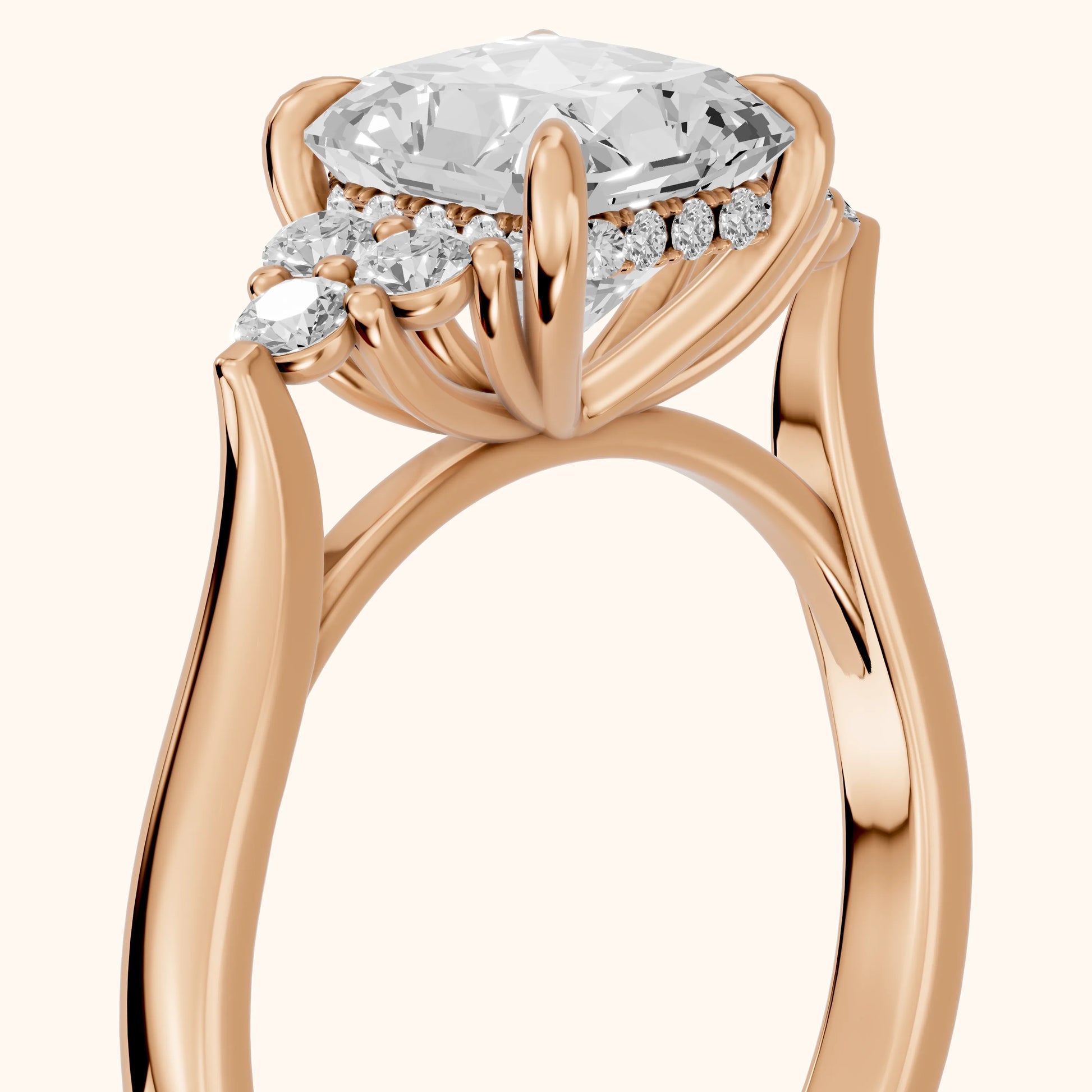 Anya Sidestone Cluster Radiant Diamond Ring in Rose Gold - slant-view.webp