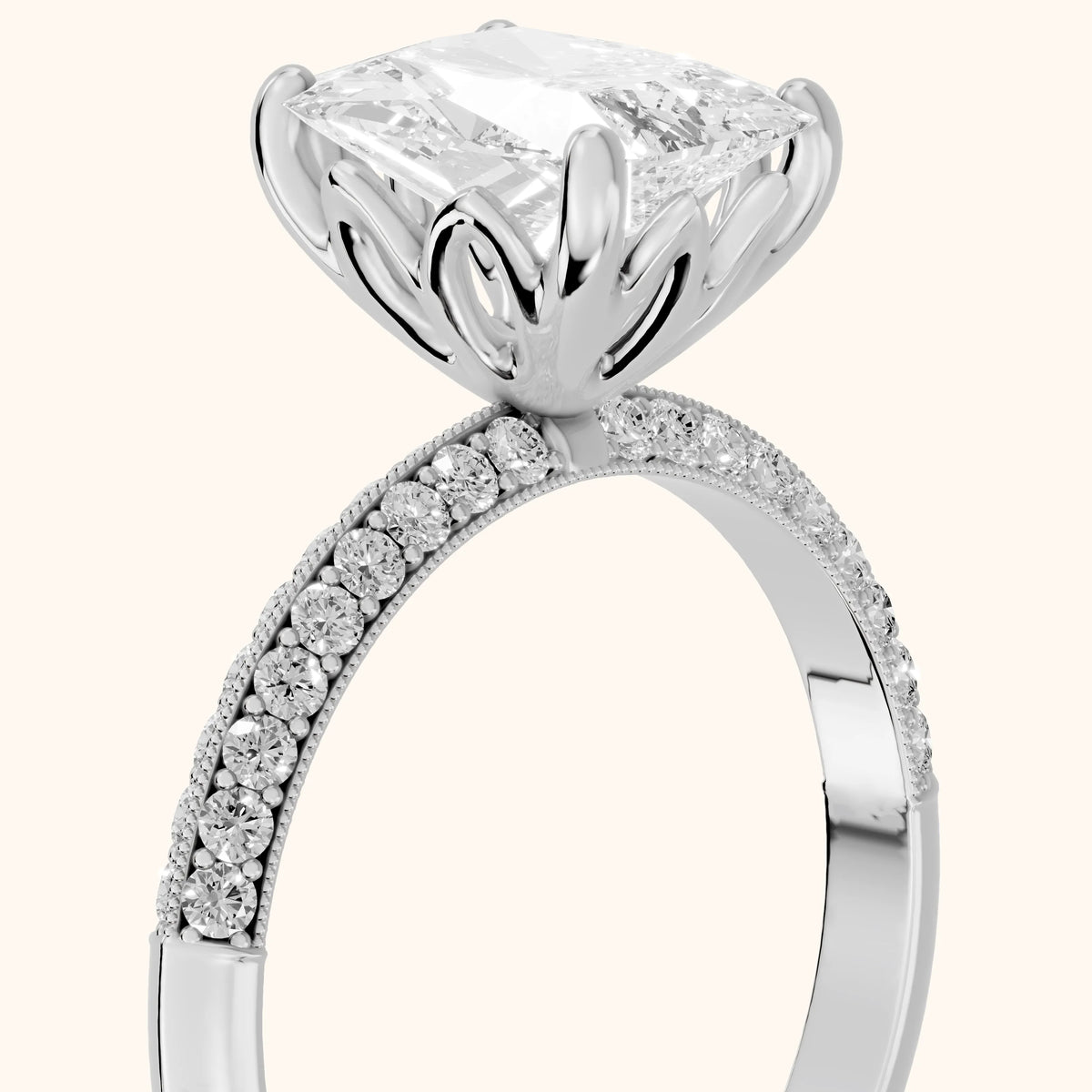 Jasmine Knife Edge Pavé Radiant Diamond Engagement Ring in Silver - slant-view.webp