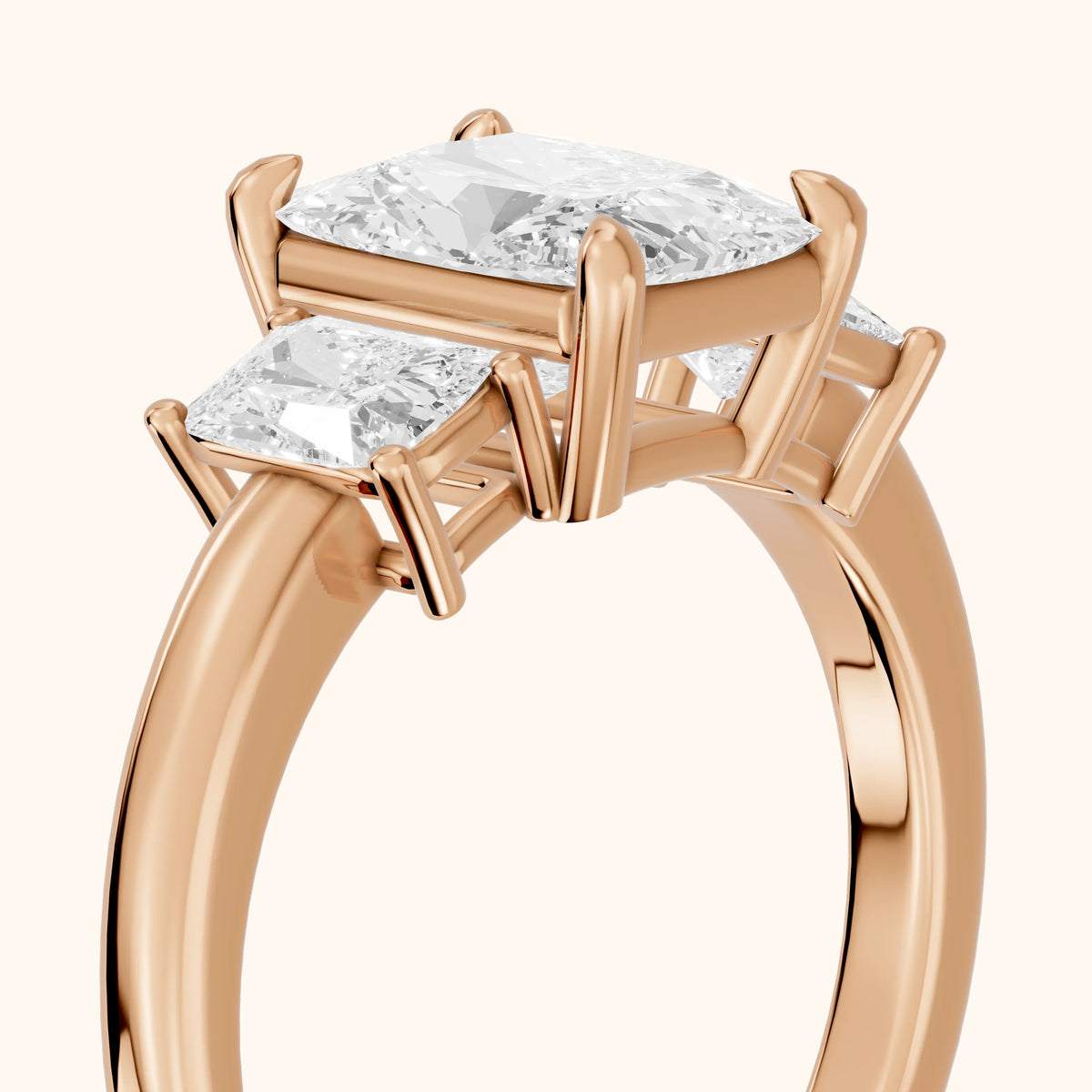Zoe Three-Stone Radiant Diamond Engagement Ring in Rose Gold - slant-view.webp