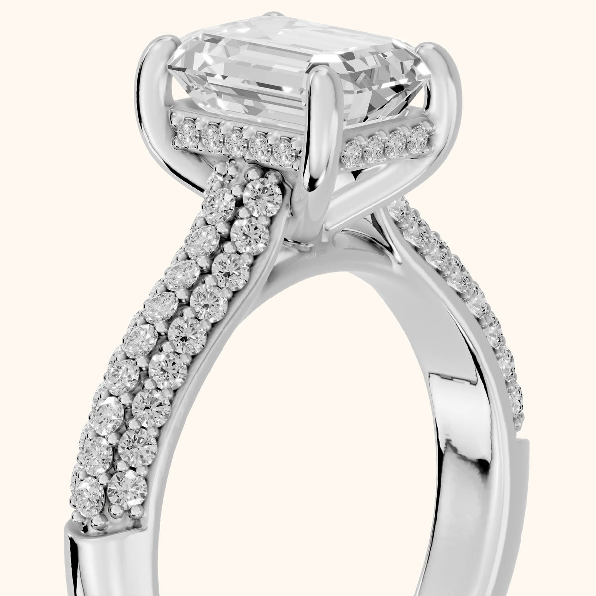 River Hidden Halo Dome Emerald Diamond Engagement Ring in White Gold - slant-view.webp