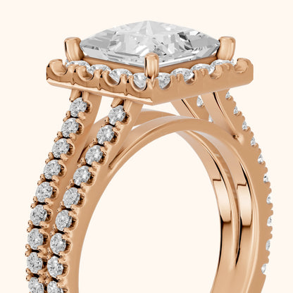 Kira Halo Split Shank Princess Diamond Engagement Ring in Rose Gold - slant-view.webp