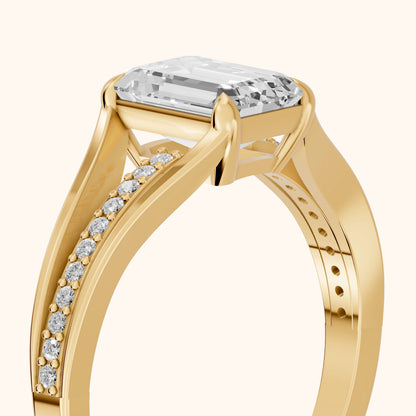 Lucinda Split Shank Emerald Diamond Engagement Ring in Yellow Gold - slant-view.webp