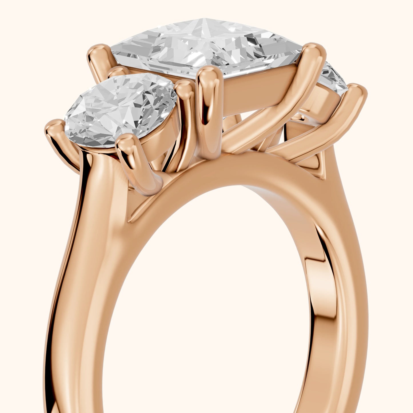 Callie Three-Stone Trellis Princess Diamond Engagement Ring in Rose Gold - slant-view.webp