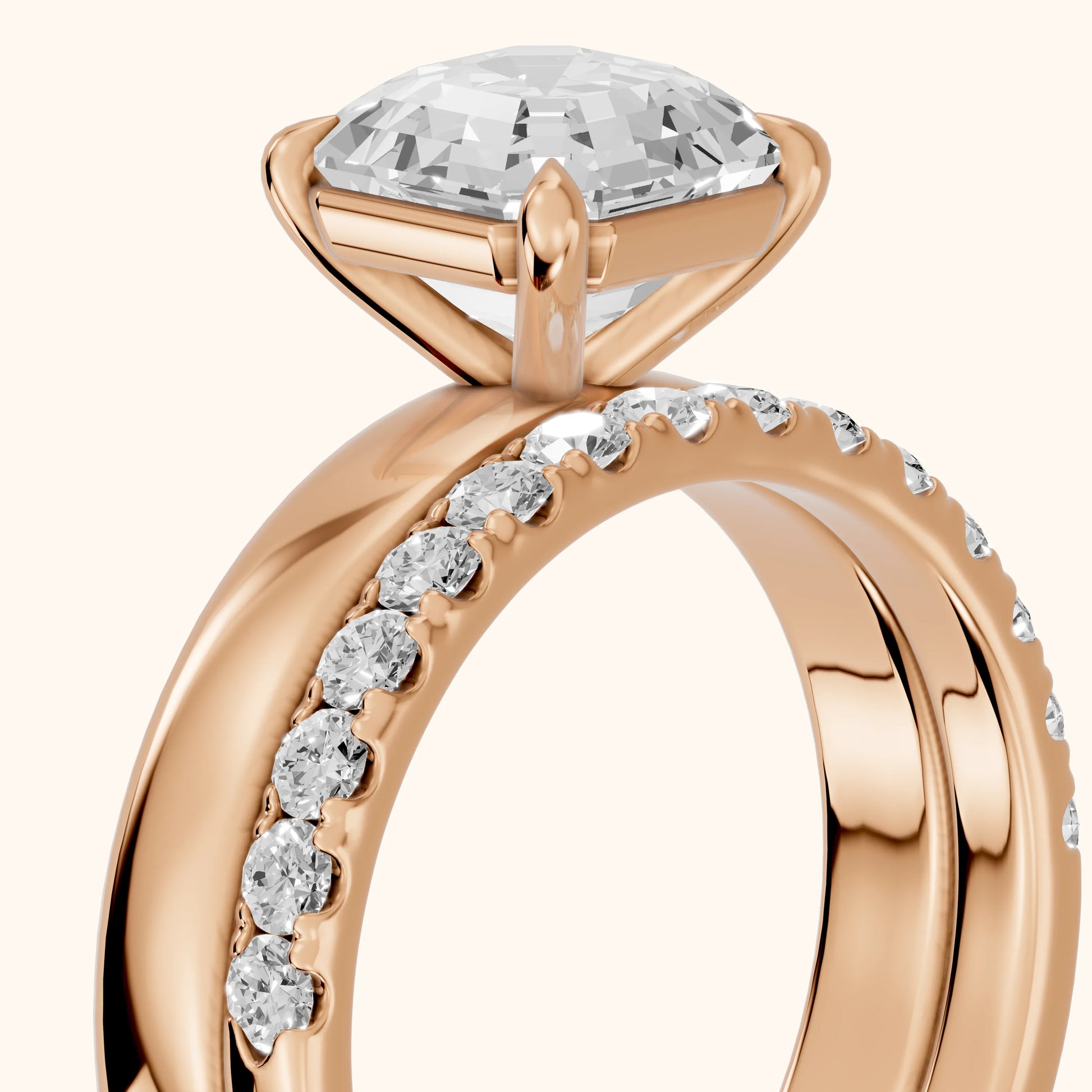 Veda Split Shank Pavé Asscher Diamond Engagement Ring in Rose Gold - slant-view.webp