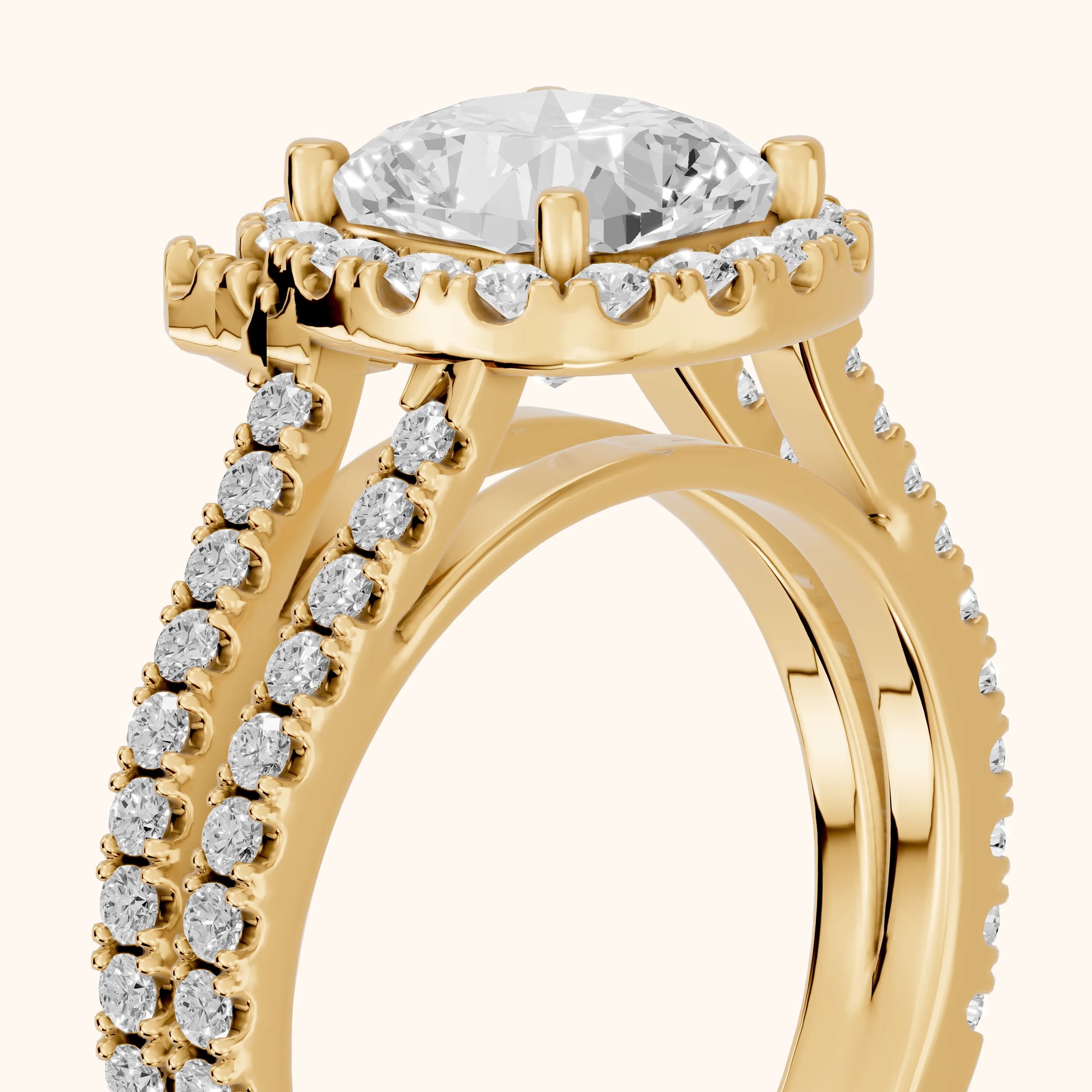 Kira Halo Split Shank Cushion Diamond Engagement Ring in Yellow Gold - slant-view.webp