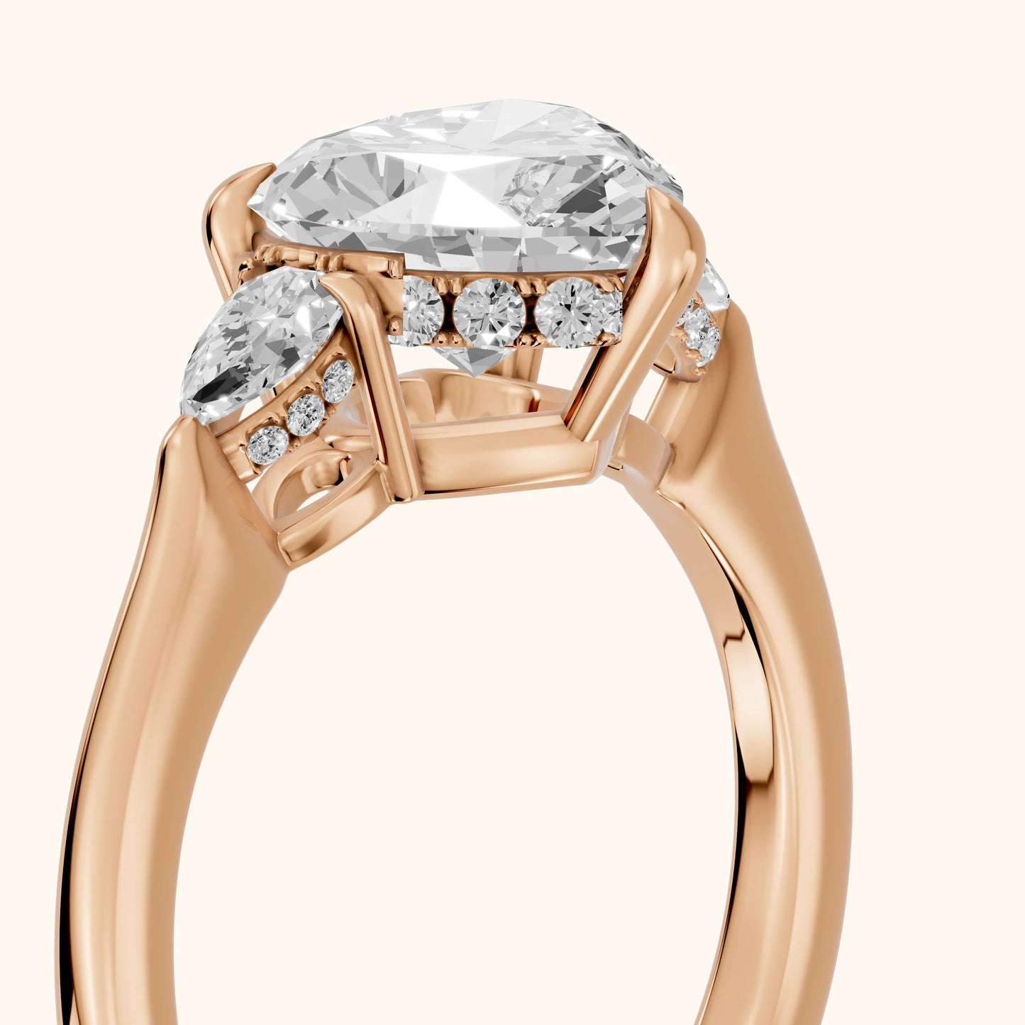 Leila Three-Stone Heart Diamond Engagement Ring in Rose Gold - slant-view.webp