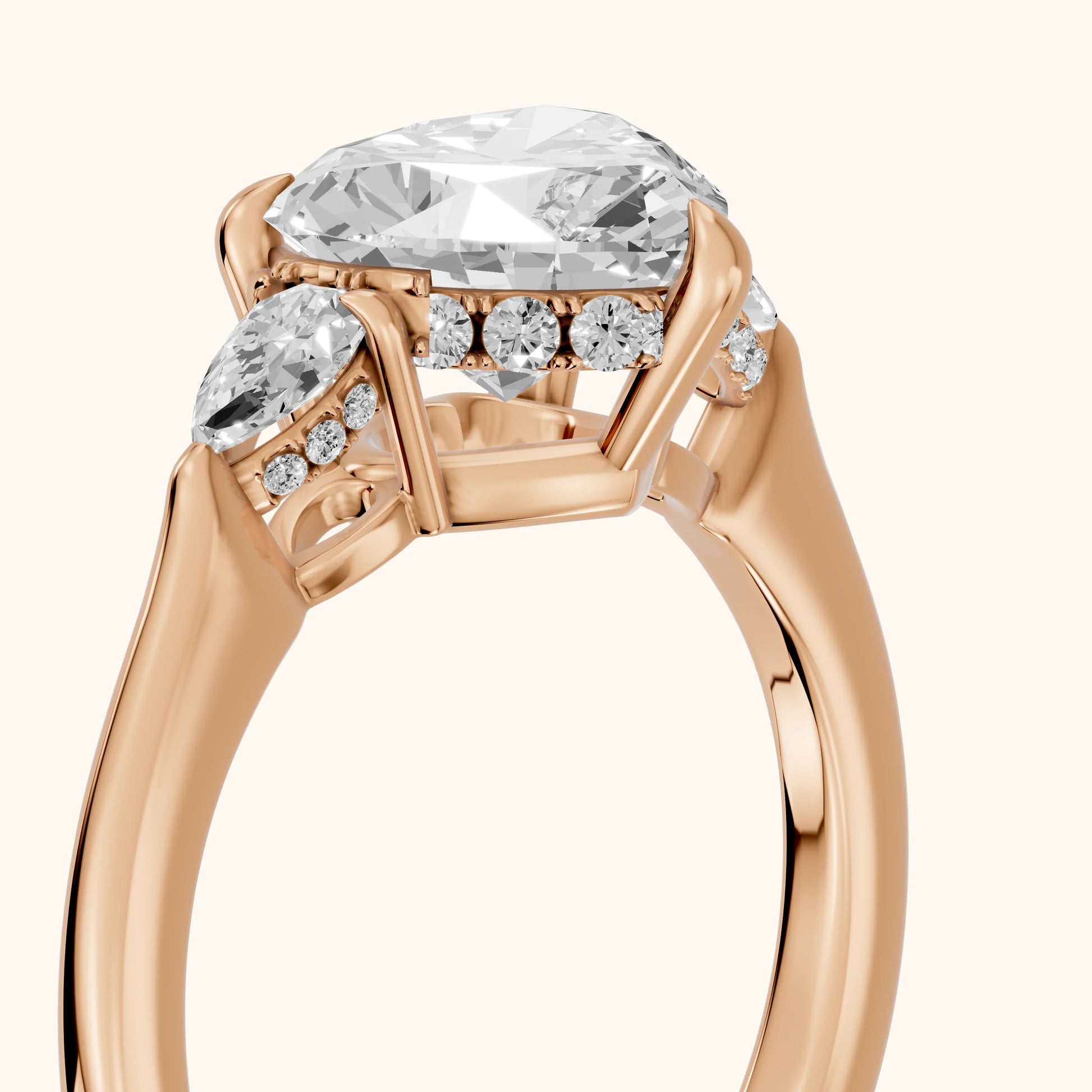Leila Three-Stone Heart Diamond Engagement Ring in Rose Gold - slant-view.webp