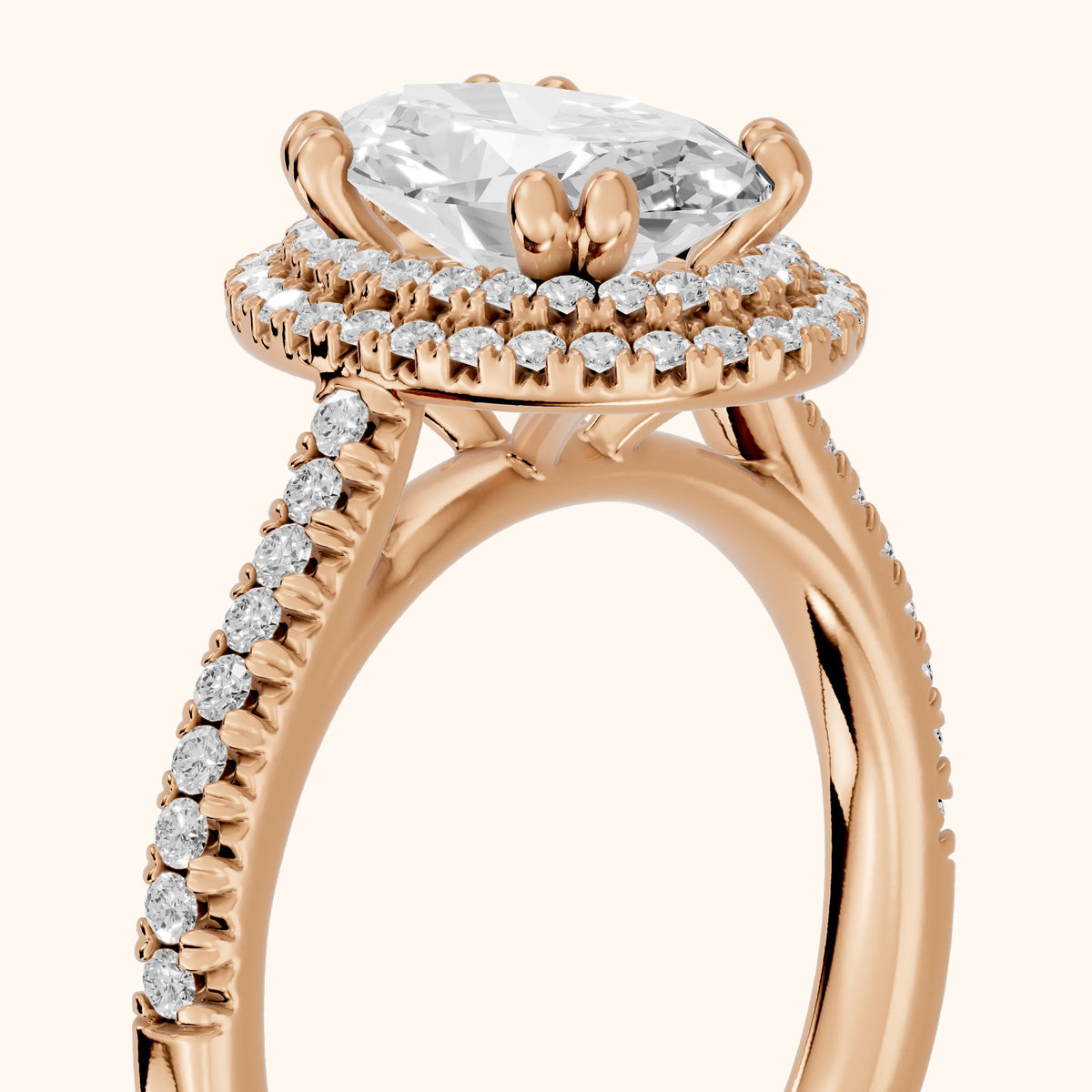 Tilden Double Halo Micropavé Oval Diamond Engagement Ring in Rose Gold - slant-view.webp