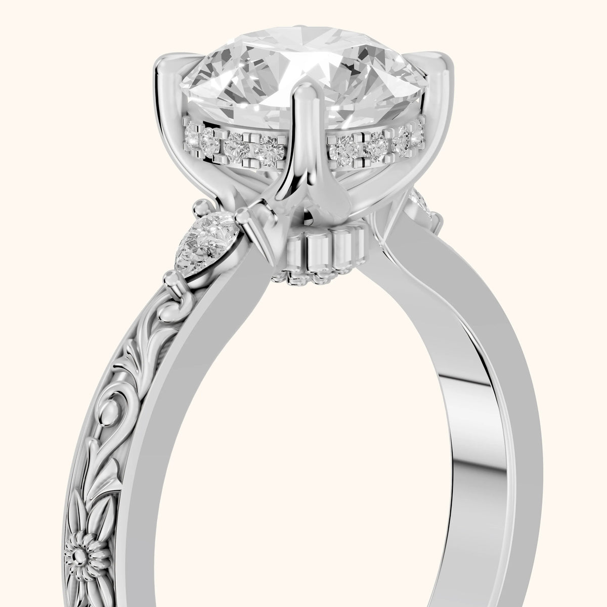 Siesta Three-Stone Engraved Round Diamond Engagement Ring in White Gold - slant-view.webp