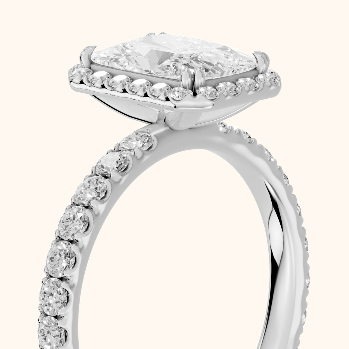 Chloe Halo Pavé Radiant Diamond Engagement Ring in Silver - slant-view.webp
