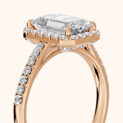 Alma Halo Pavé Emerald Diamond Ring in Rose Gold - slant-view.webp