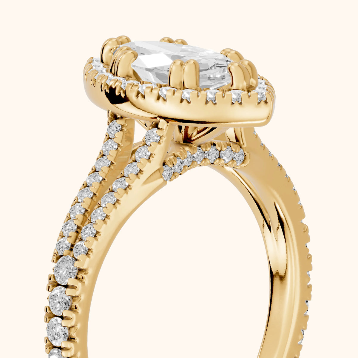 Dallas Halo Split Shank Marquise Diamond Engagement Ring in Yellow Gold - slant-view.webp