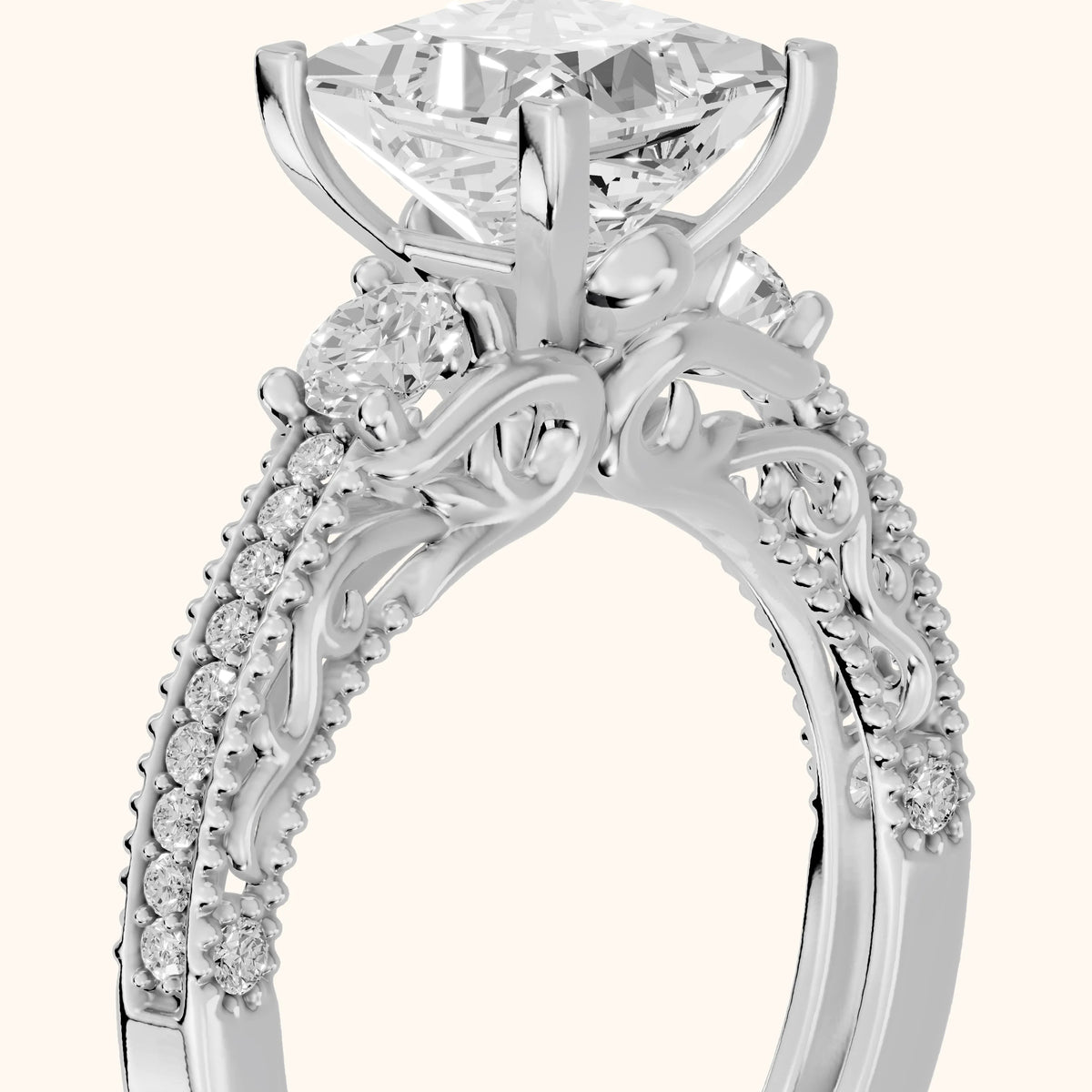 Mandy Milgrain Three-Stone Princess Diamond Engagement Ring in Silver - slant-view.webp
