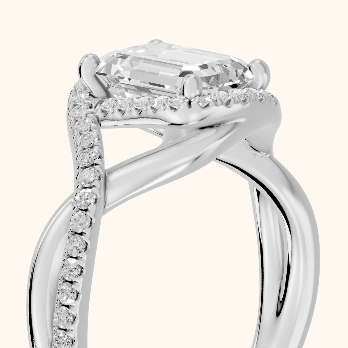 Dover Twist Halo Emerald Diamond Engagement Ring in Silver - slant-view.webp