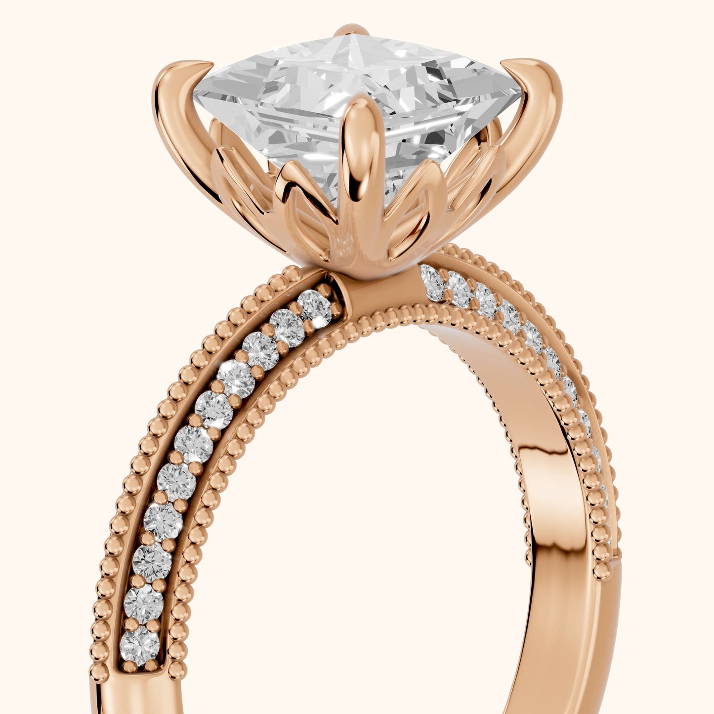 Indie Vintage Milgrain Princess Diamond Engagement Ring in Rose Gold - slant-view.webp
