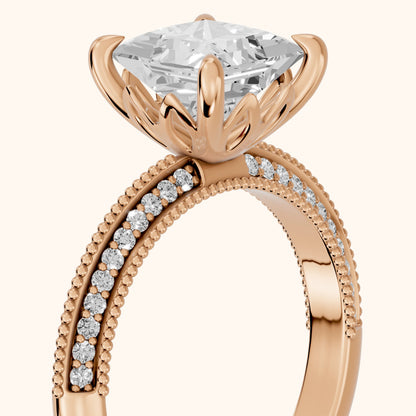 Indie Vintage Milgrain Princess Diamond Engagement Ring in Rose Gold - slant-view.webp