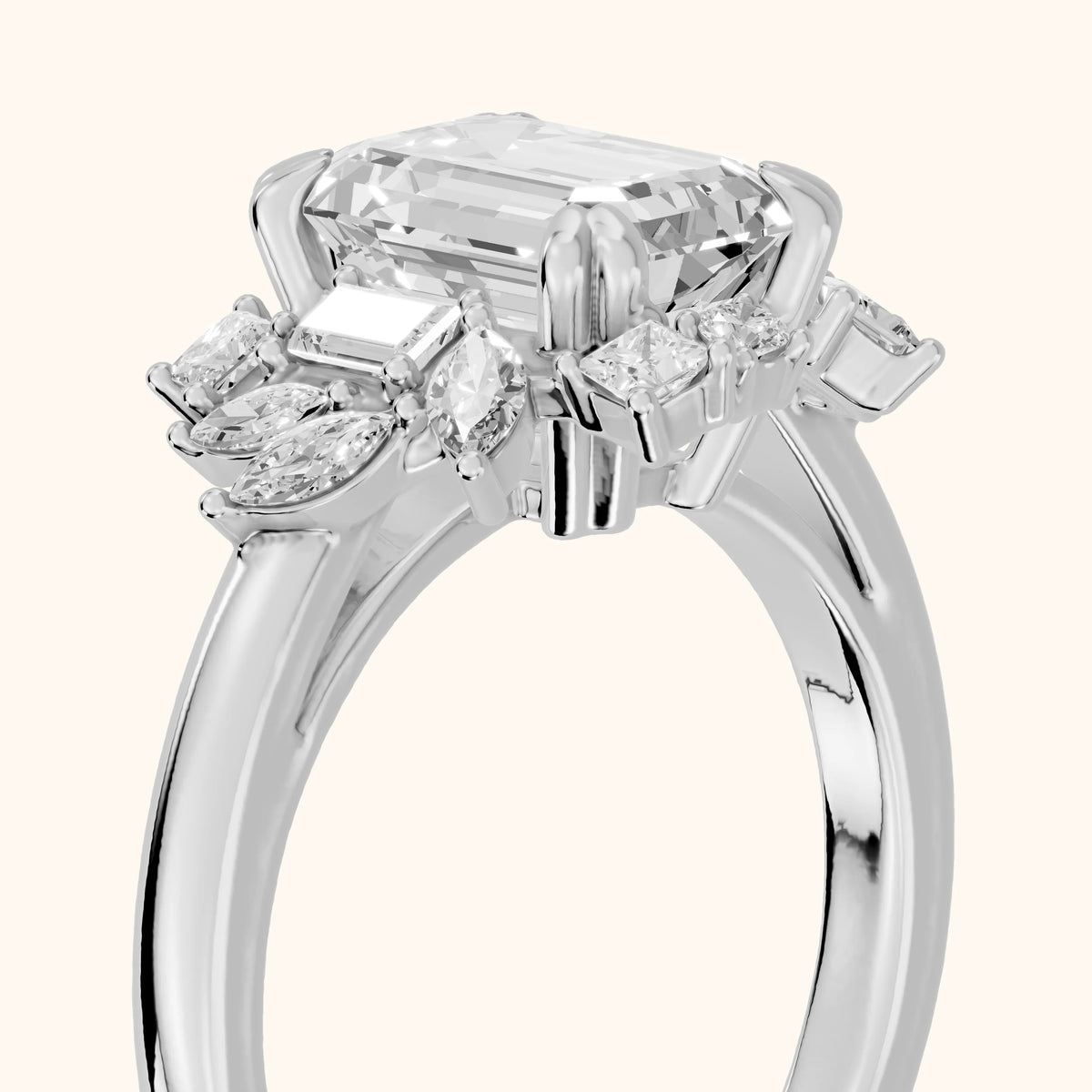 Eliana Starburst Cluster Emerald Diamond Engagement Ring in Silver - slant-view.webp