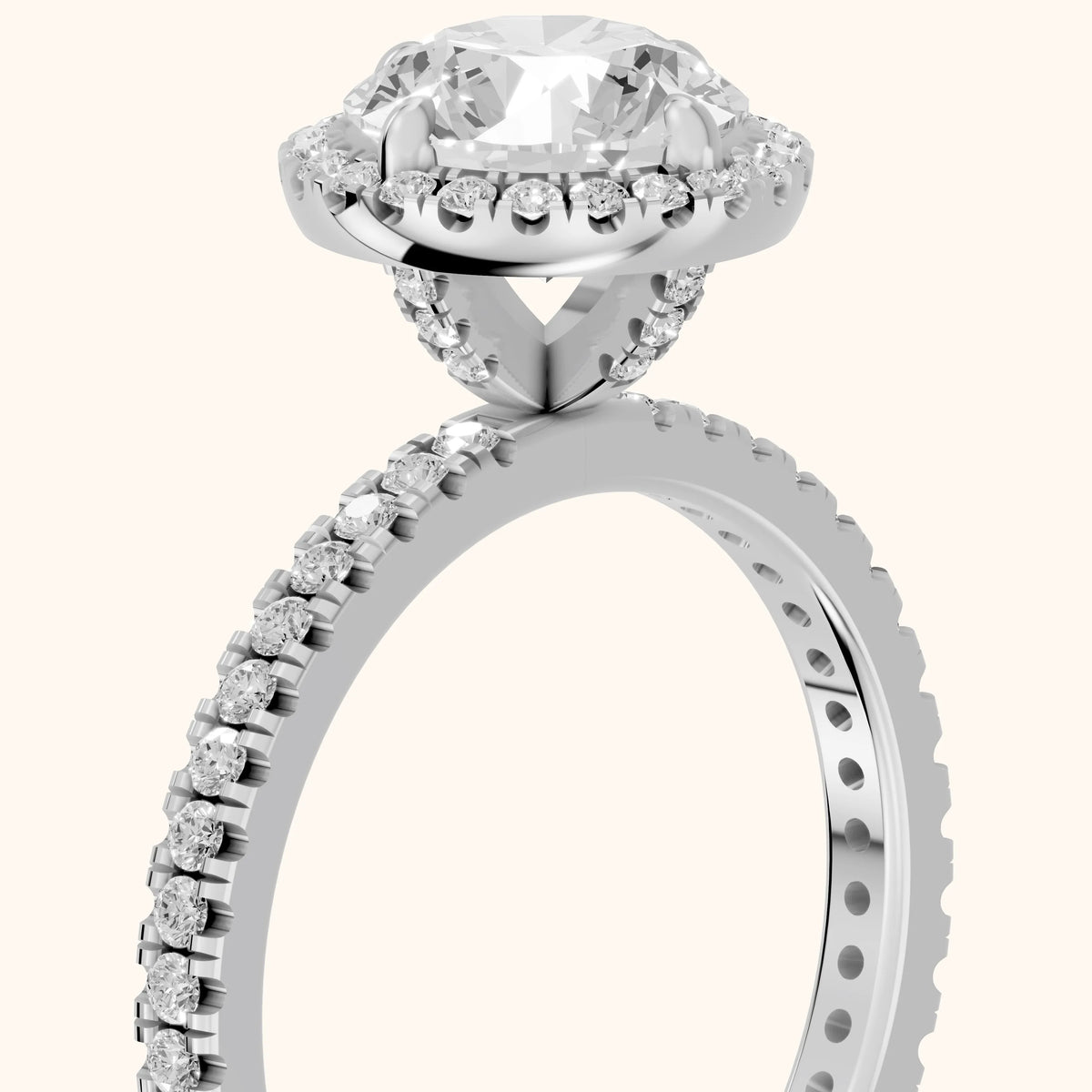 Rosemary Halo Pavé Round Diamond Engagement Ring in Platinum - slant-view.webp