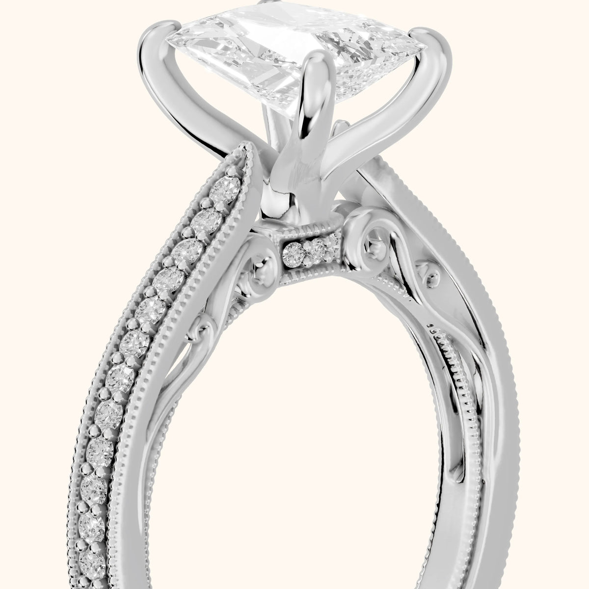 Camellia Milgrain Pavé Radiant Diamond Engagement Ring in Silver - slant-view.webp