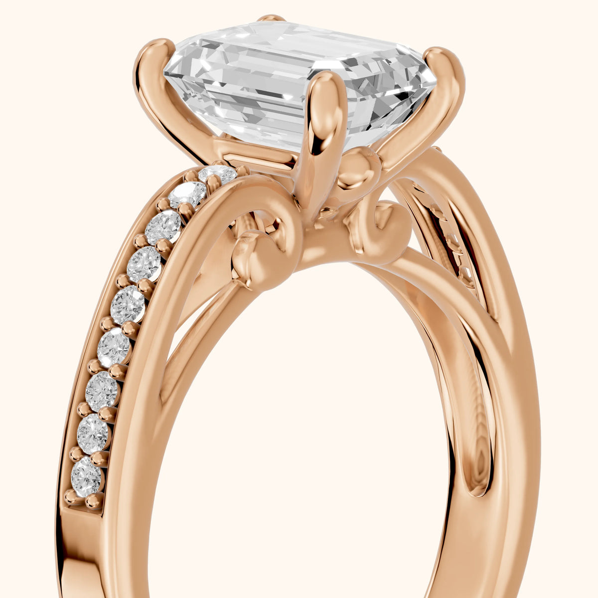 Lucy Vintage Pavé Emerald Diamond Engagement Ring in Rose Gold - slant-view.webp