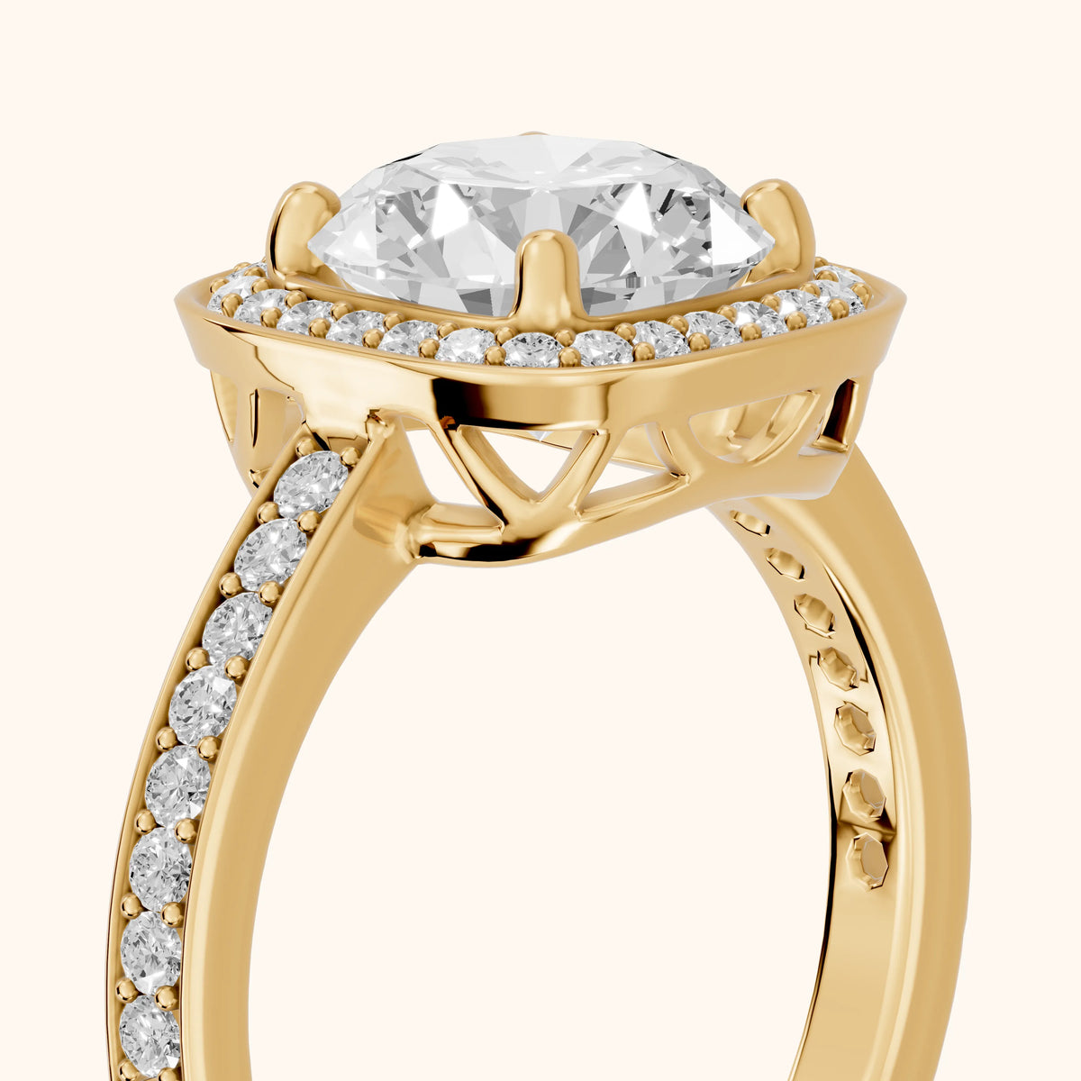 Nettie Halo Pavé Round Diamond Engagement Ring in Yellow Gold - slant-view.webp