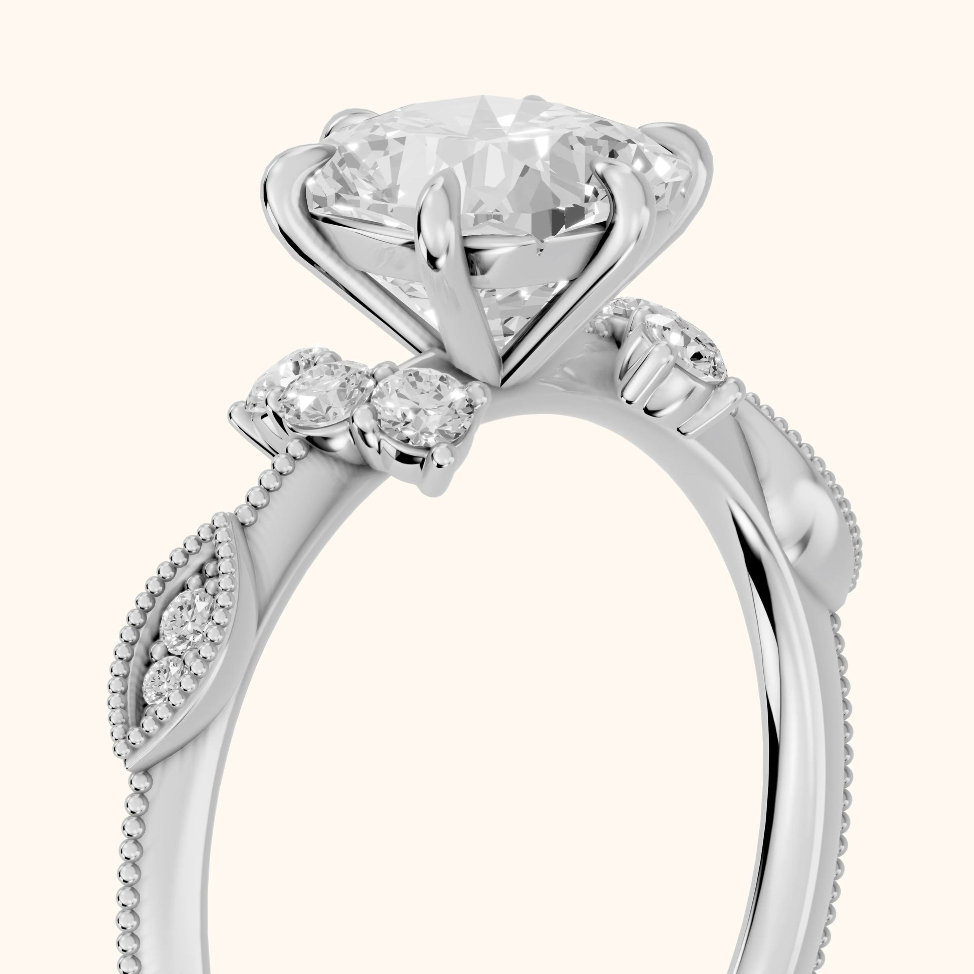 Naomi Vintage Milgrain Cushion Diamond Engagement Ring in White Gold - slant-view.webp