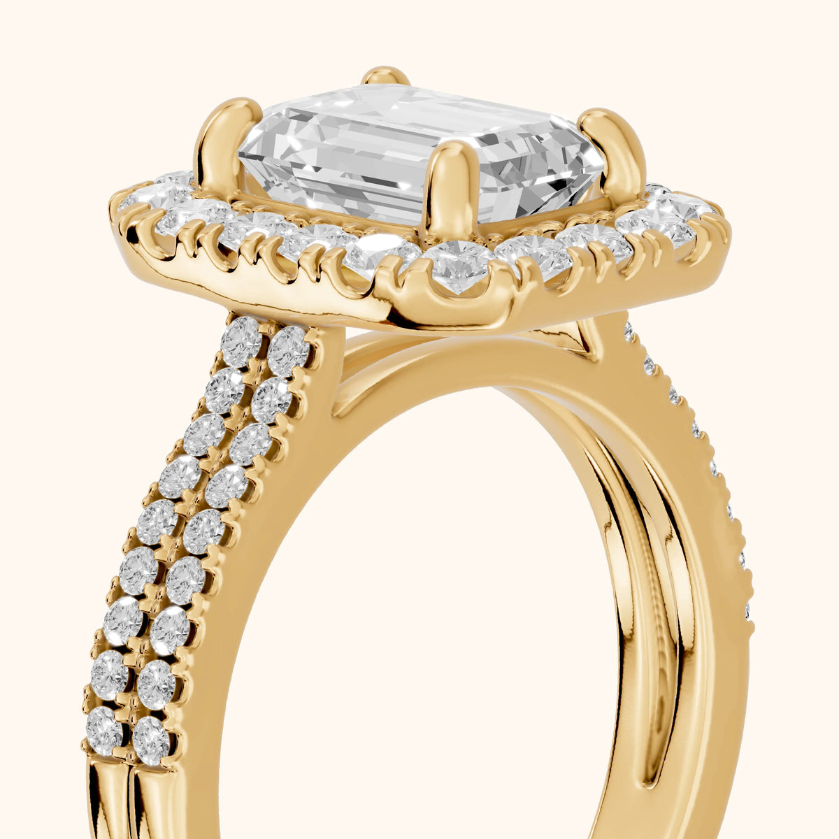 Blythe Halo Split Shank Emerald Diamond Engagement Ring in Yellow Gold - slant-view.webp