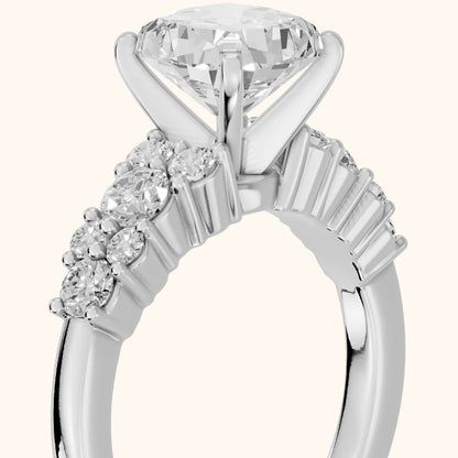 Roxana Graduated Cluster Cushion Diamond Engagement Ring in Silver - slant-view.webp