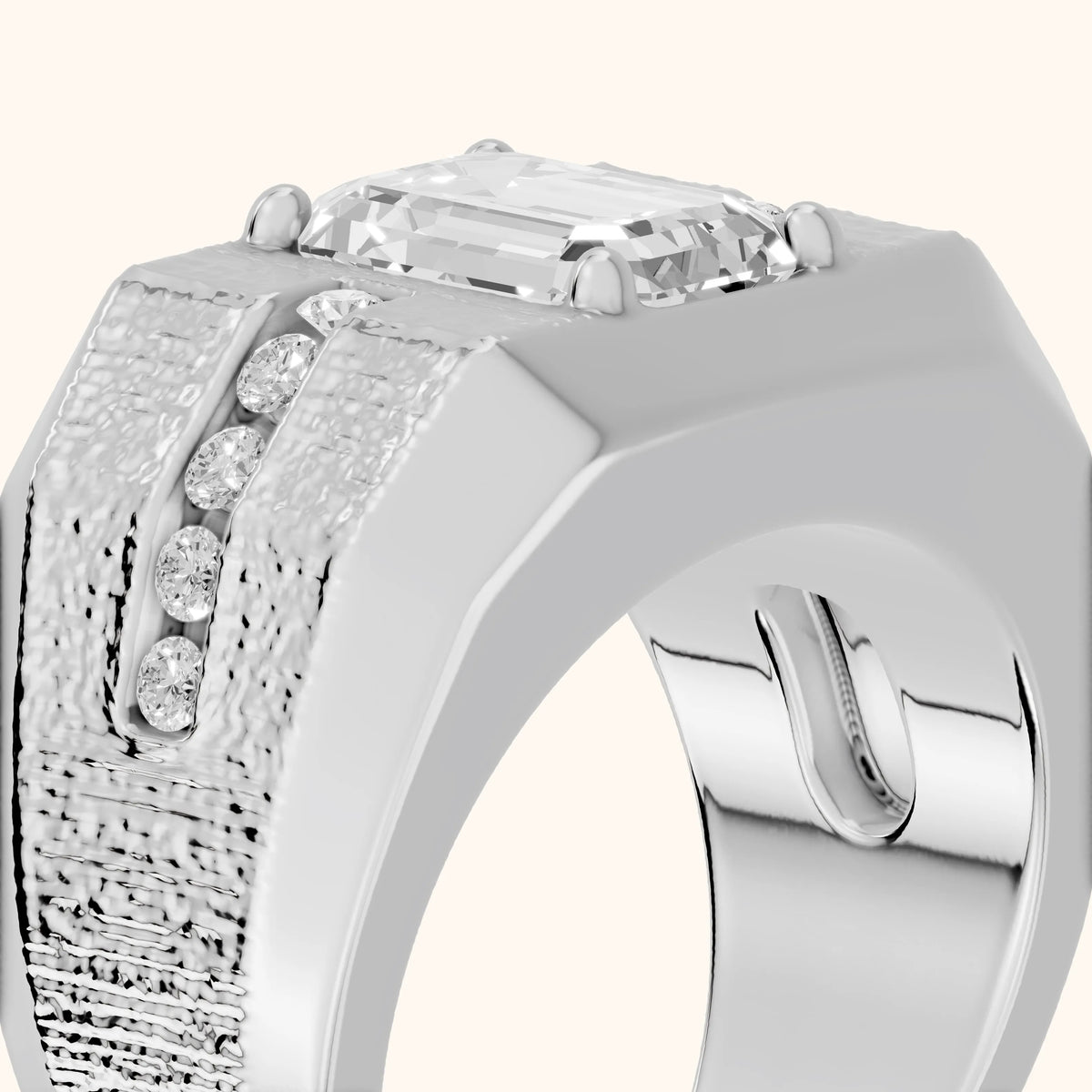 Ames Engraved Channel Set Emerald Diamond Engagement Ring in Platinum - slant-view.webp