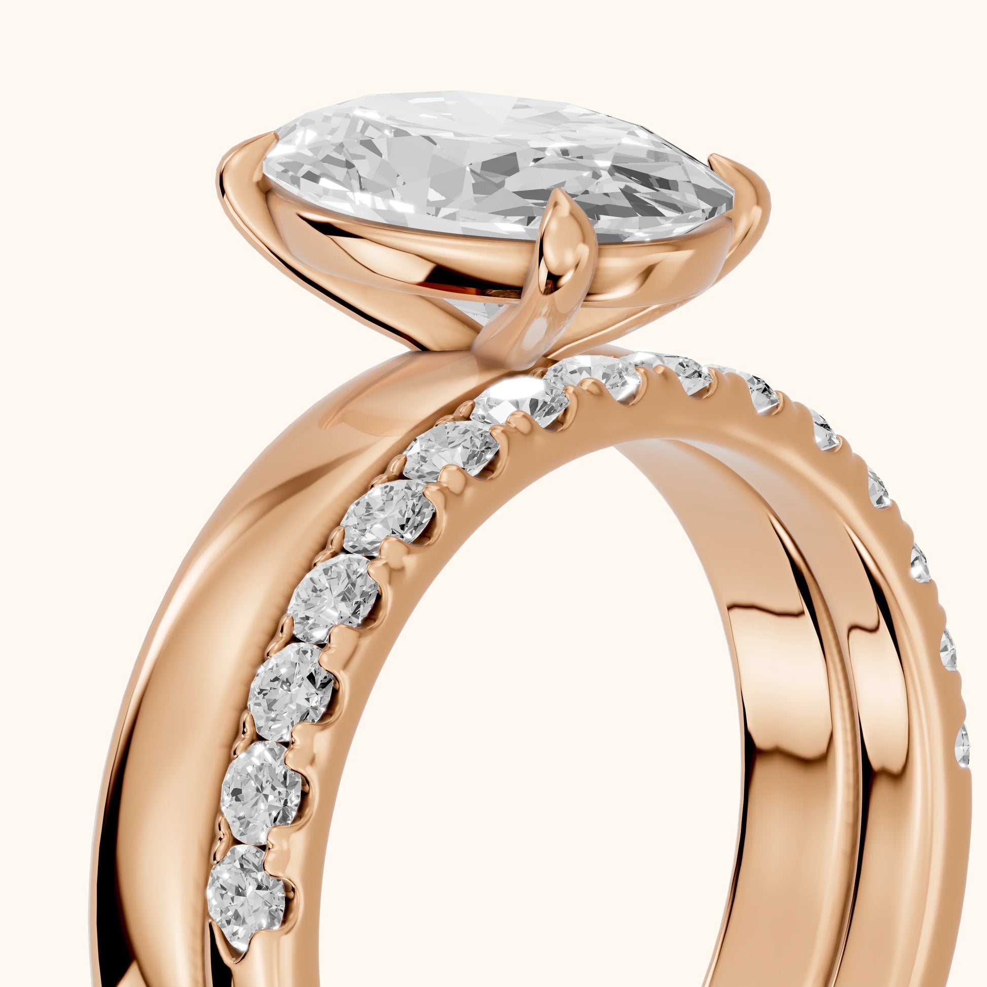 Veda Split Shank Pavé Oval Diamond Engagement Ring in Rose Gold - slant-view.webp