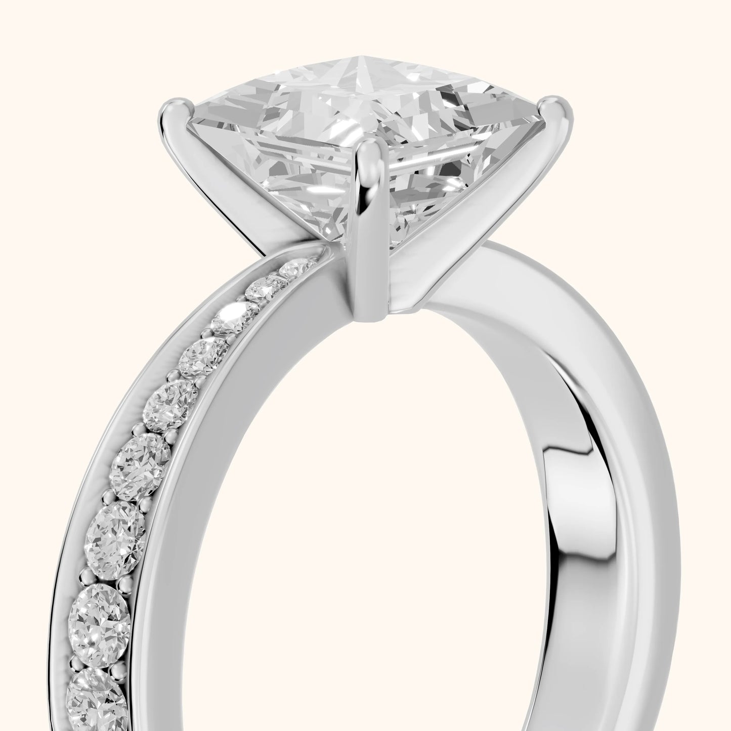 Rhea Sidestone Pavé Princess Diamond Engagement Ring in White Gold - slant-view.webp
