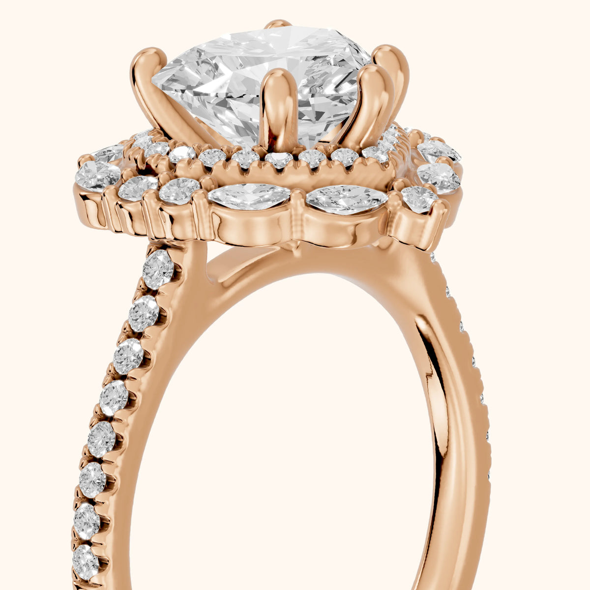 Lyndon Floral Double Halo Heart Diamond Engagement Ring in Rose Gold - slant-view.webp