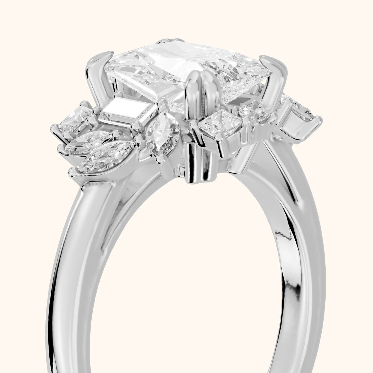 Eliana Starburst Cluster Radiant Diamond Engagement Ring in Silver - slant-view.webp