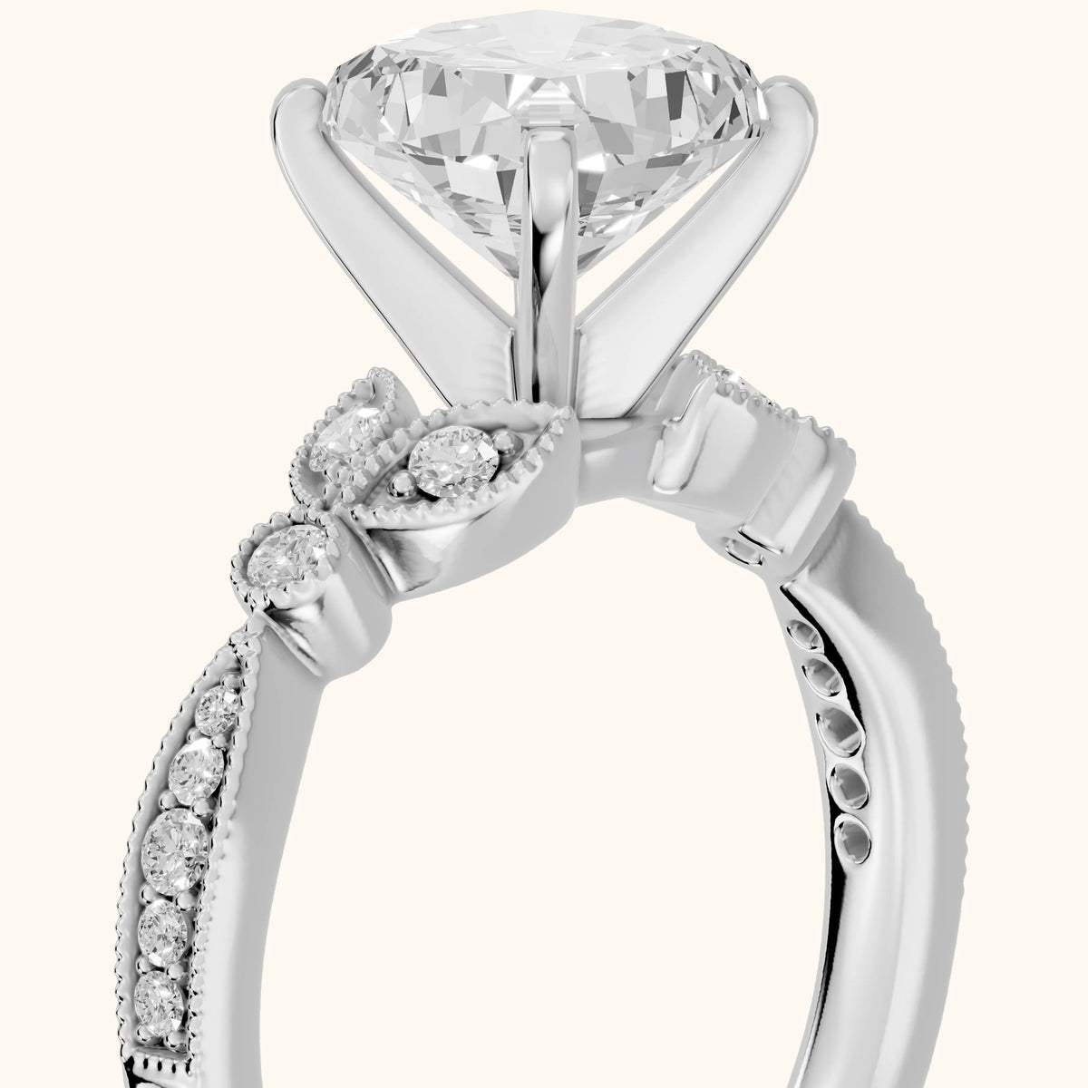Ninette Vintage Leaf Cushion Diamond Engagement Ring in Platinum - slant-view.webp
