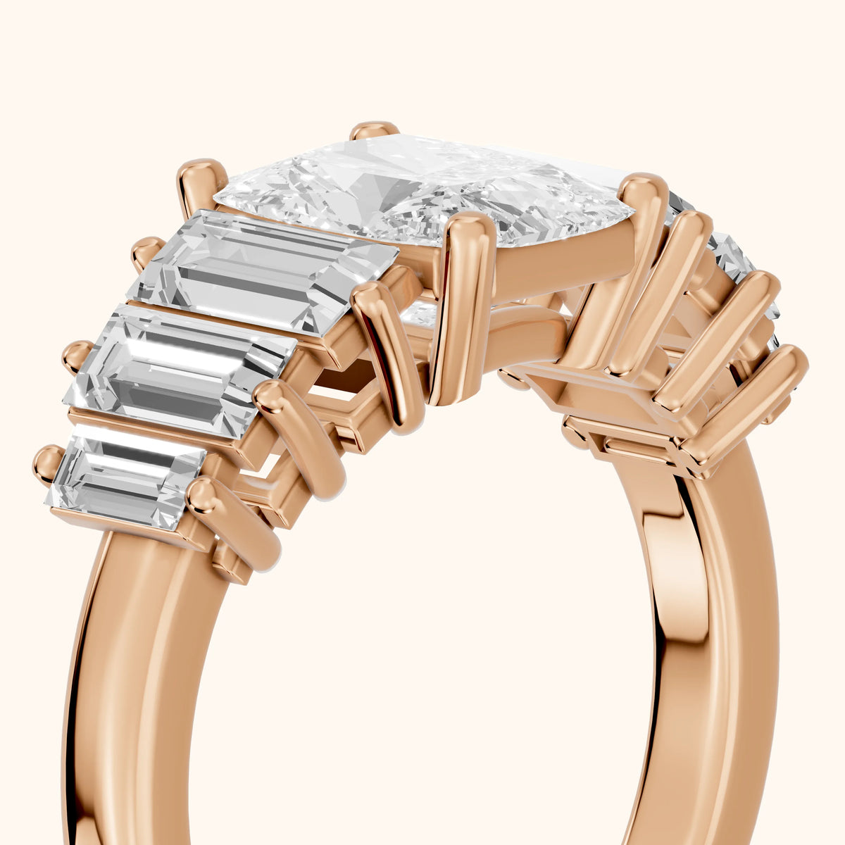 Mara Sidestone Baguette Accent Radiant Diamond Engagement Ring in Rose Gold - slant-view.webp