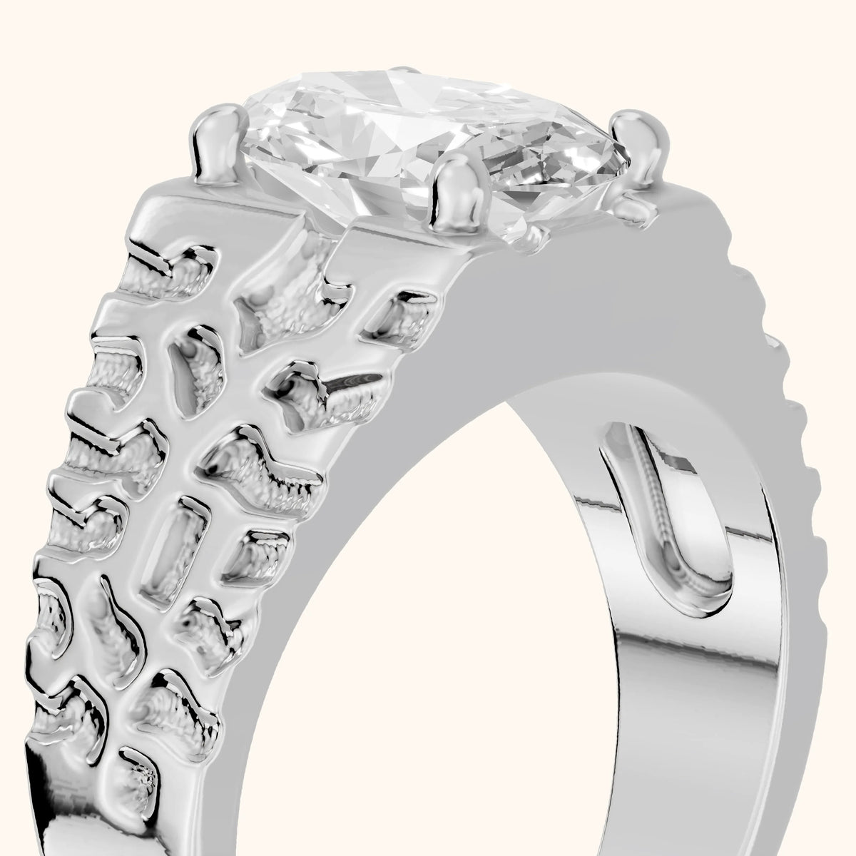 Erie Hammered Solitaire Oval Diamond Engagement Ring in Silver - slant-view.webp