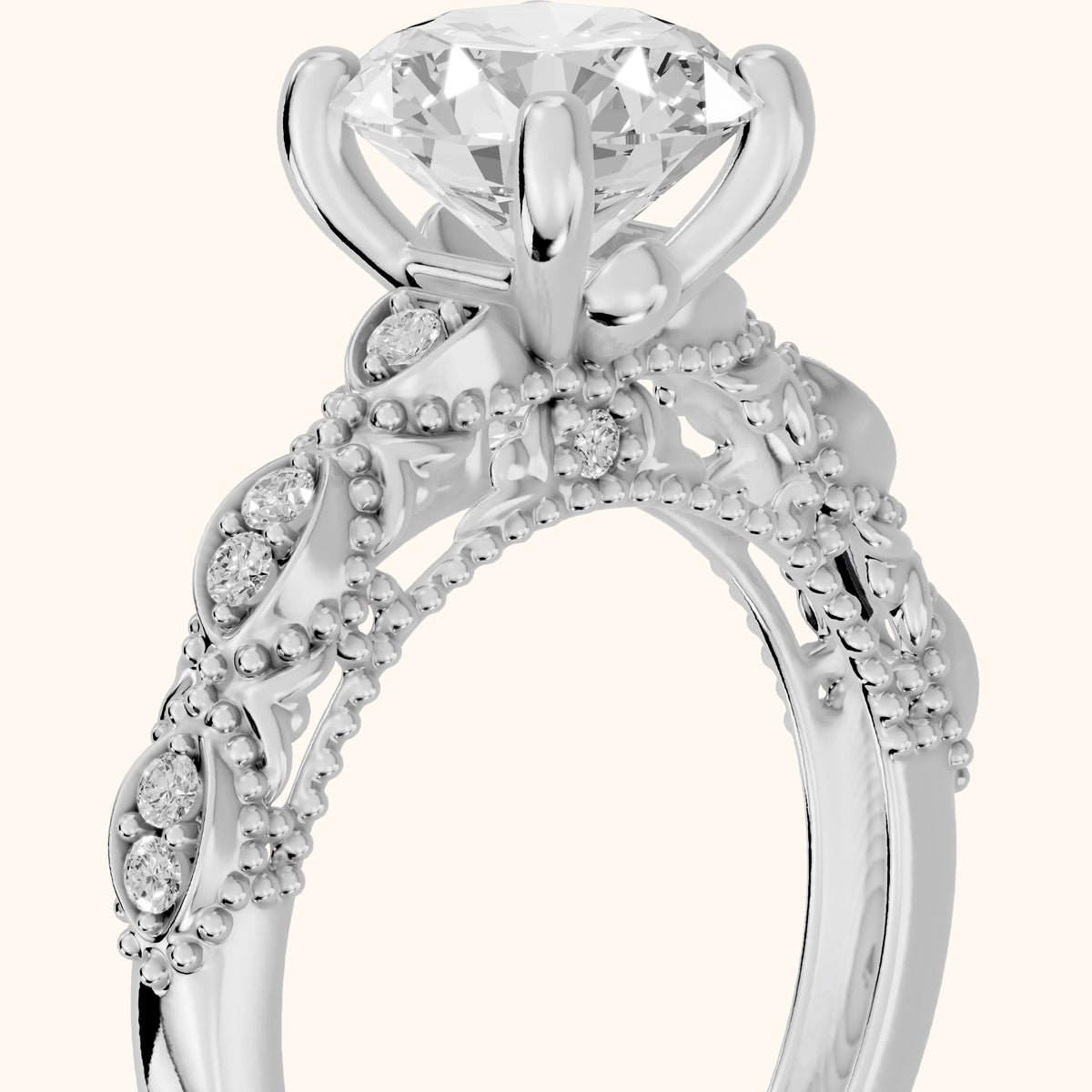 Mae Vintage Filigree Round Diamond Engagement Ring in Silver - slant-view.webp