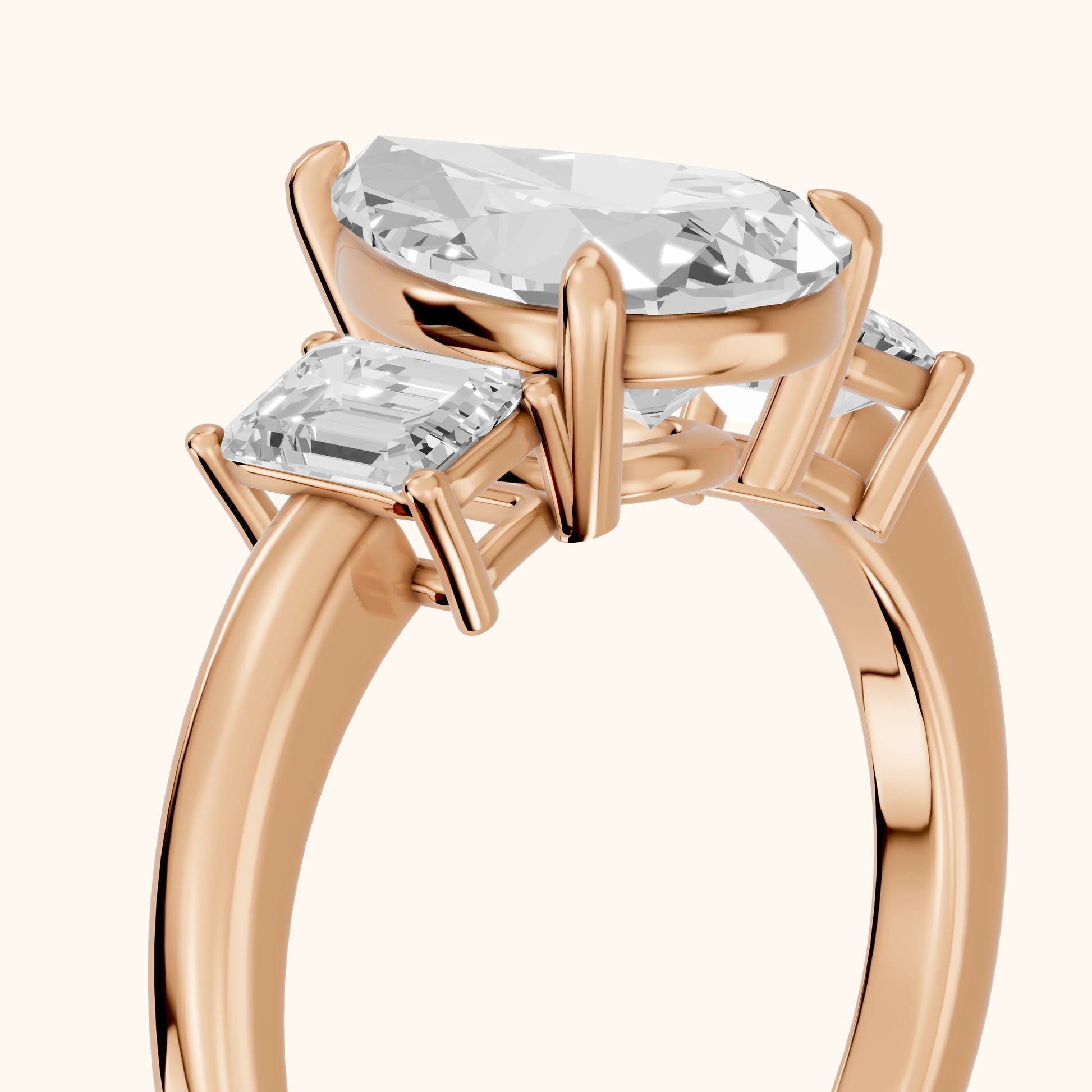 Zoe Three-Stone Pear Diamond Ring in Rose Gold - slant-view.webp