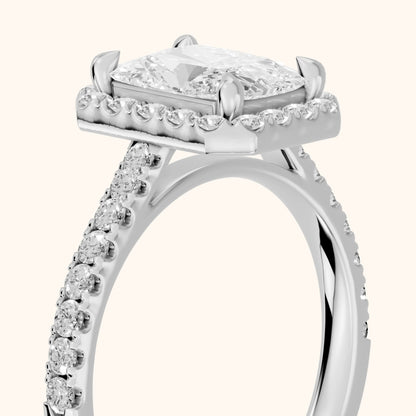 Amara Halo Claw Prong Radiant Diamond Engagement Ring in Platinum - slant-view.webp