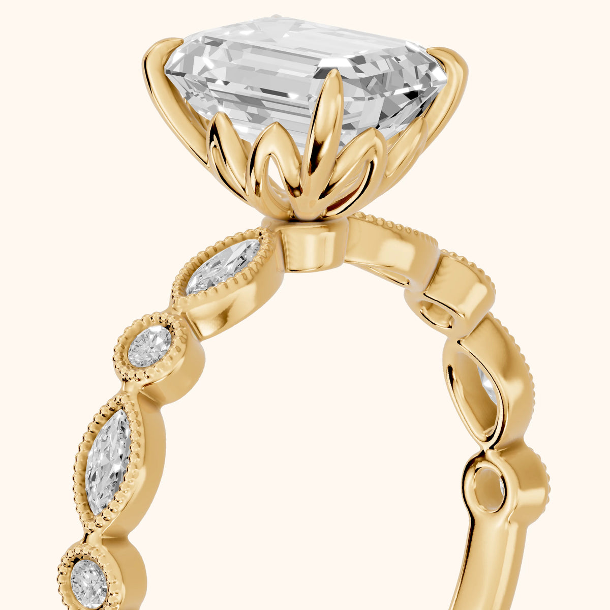 Lena Milgrain Leaf Emerald Diamond Engagement Ring in Yellow Gold - slant-view.webp