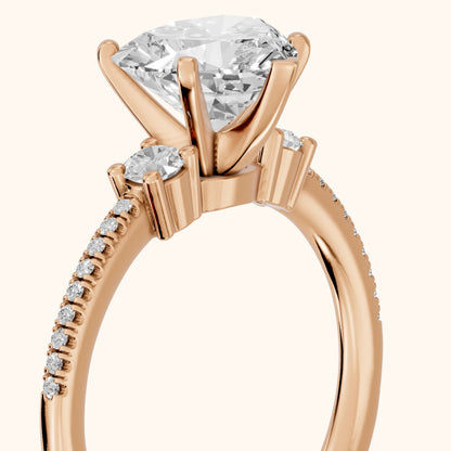 Nerissa Three-Stone Micropavé Heart Diamond Engagement Ring in Rose Gold - slant-view.webp