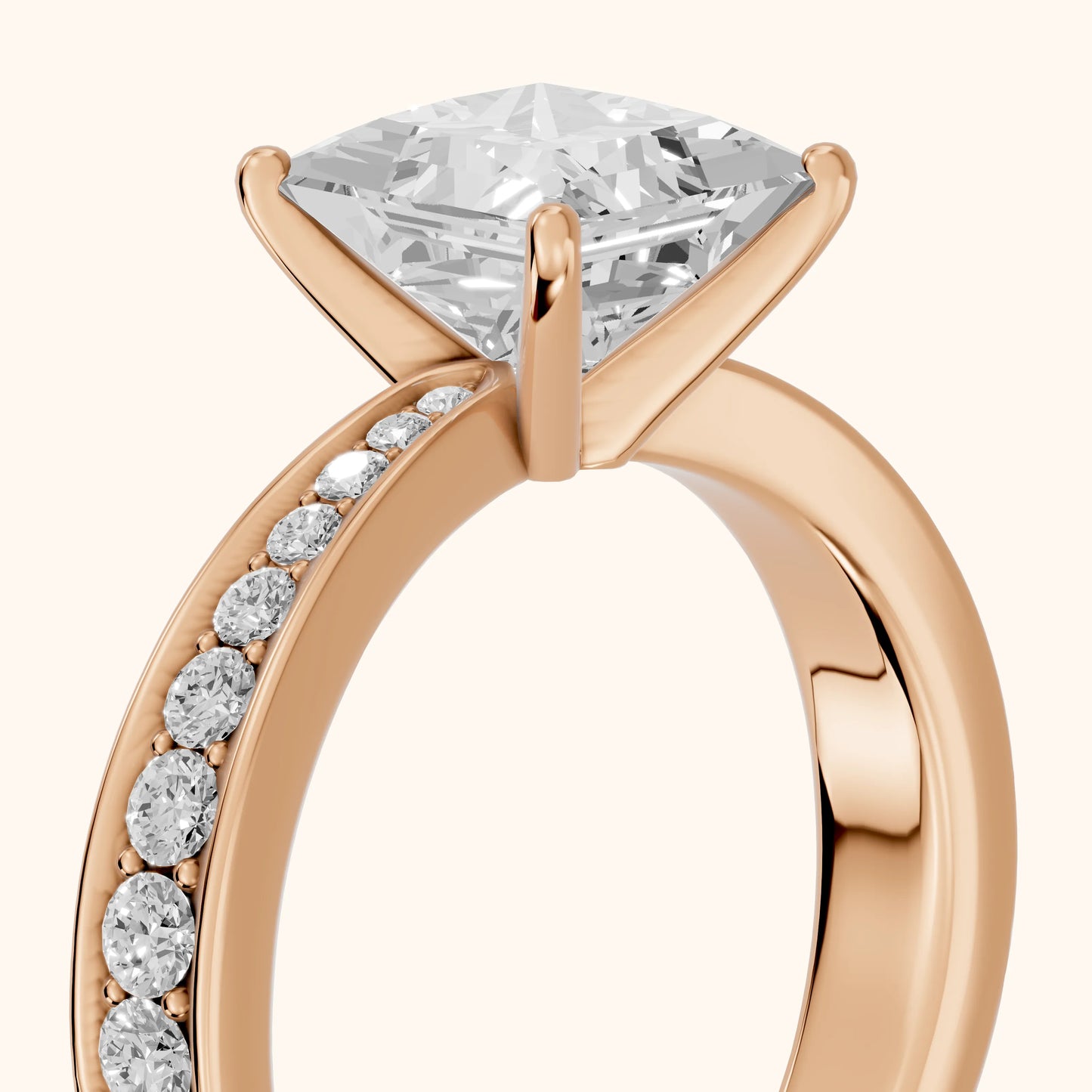 Rhea Sidestone Pavé Princess Diamond Engagement Ring in Rose Gold - slant-view.webp