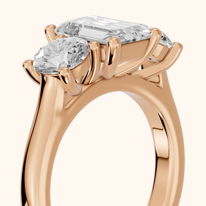 Callie Three-Stone Trellis Emerald Diamond Ring in Rose Gold - slant-view.webp