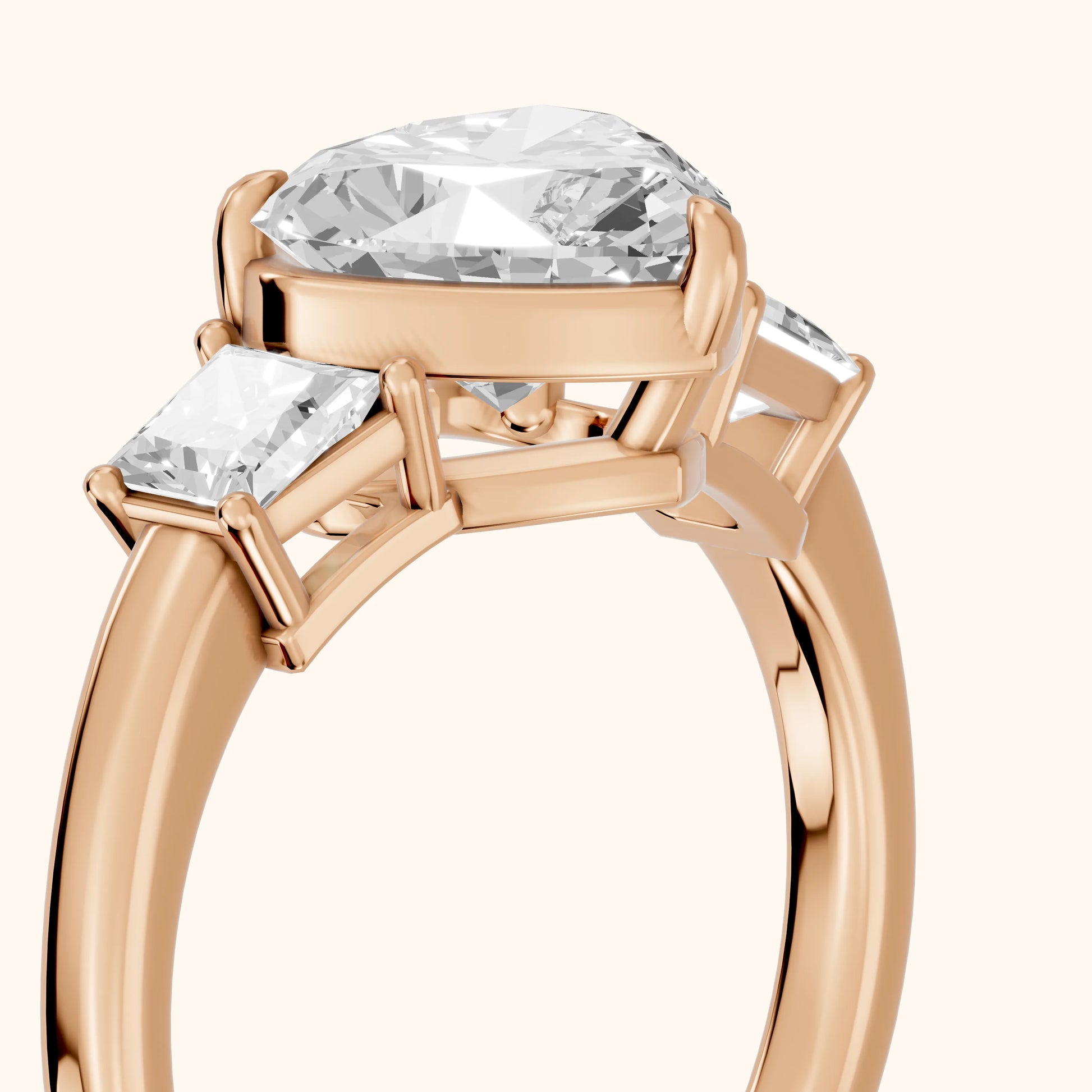 Selena Three-Stone Basket Heart Diamond Ring in Rose Gold - slant-view.webp